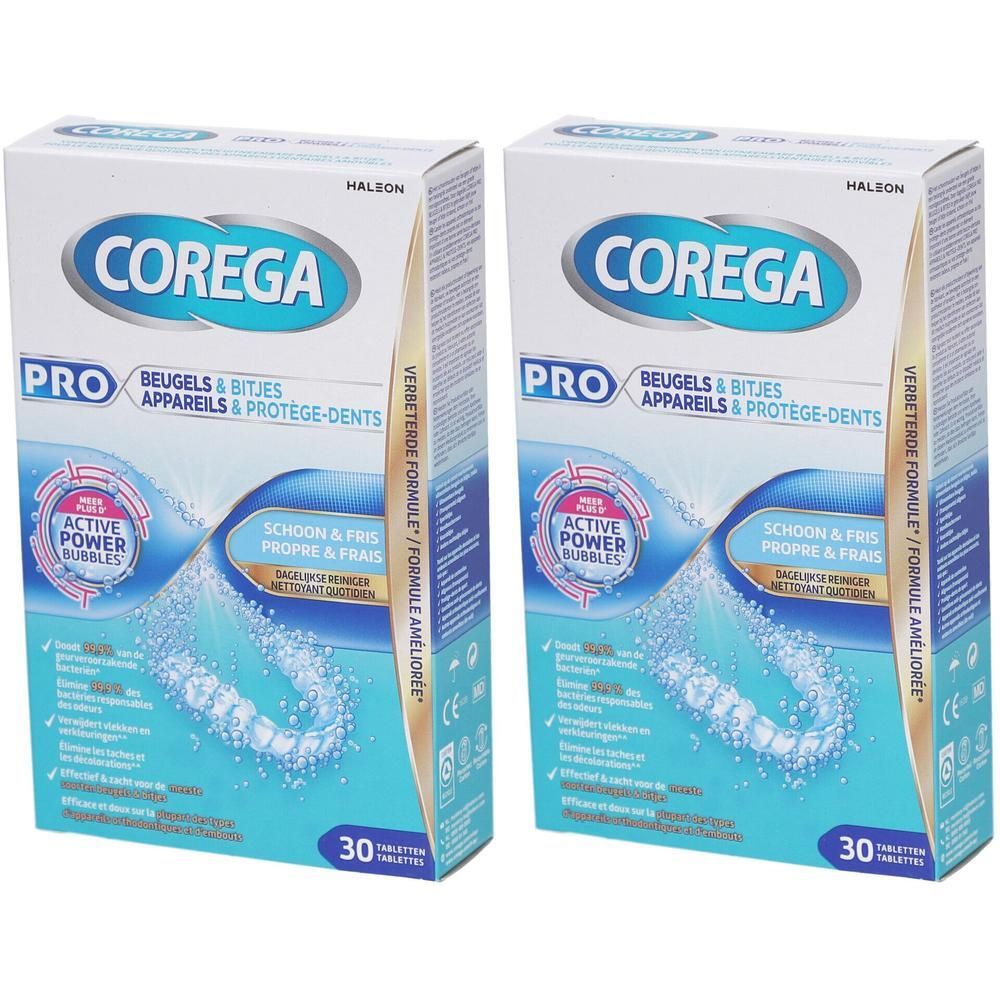 Deux paquets de comprimés nettoyants Corega Pro pour appareils dentaires et protège-dents, 30 comprimés par paquet.