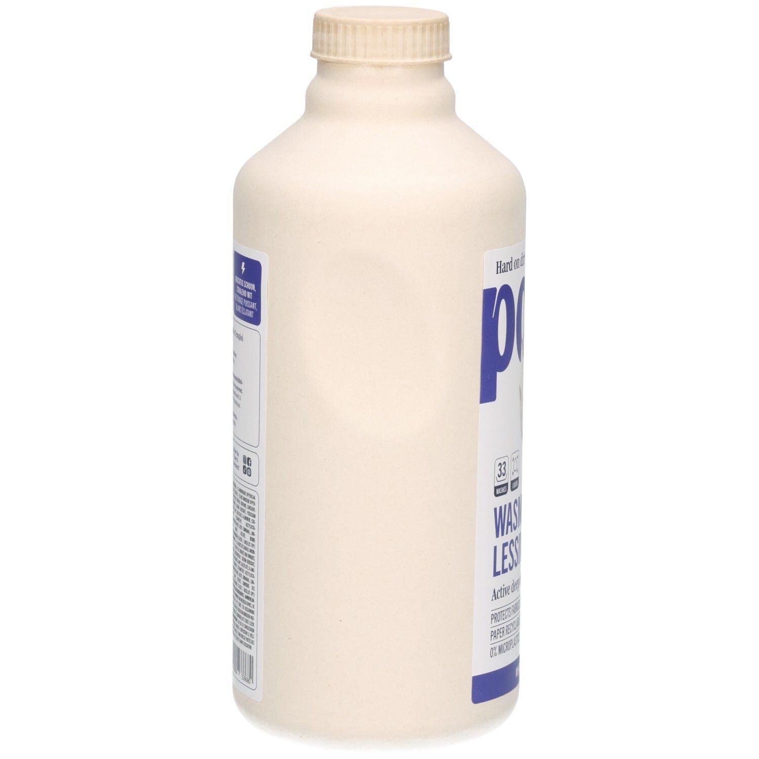 POWR Flüssigwaschmittel für weiße Wäsche, Seitenansicht der Papier-Recyclingflasche.
