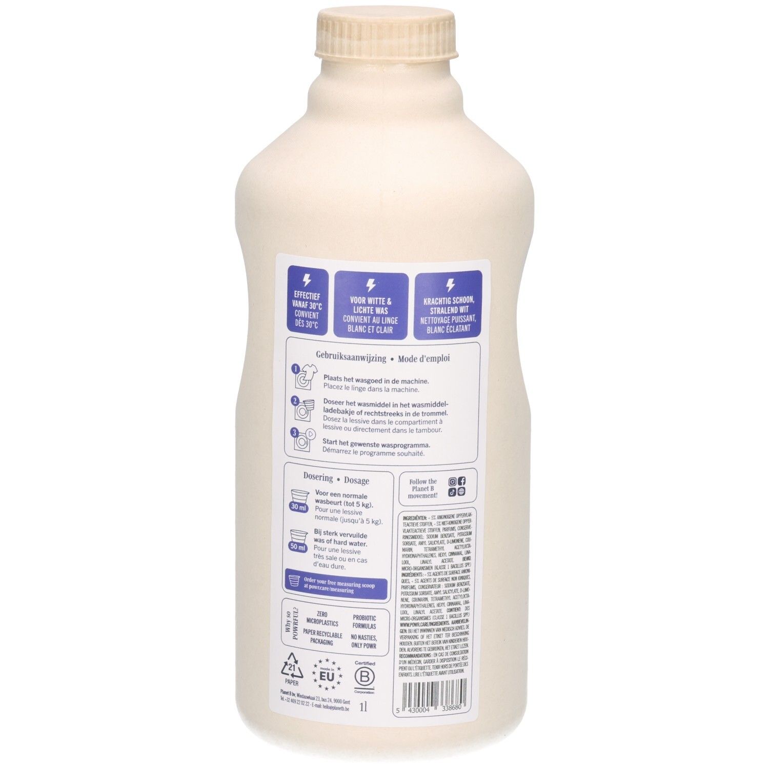 Rückseite der POWR Flüssigwaschmittel-Flasche für weiße Wäsche mit Anwendungshinweisen.