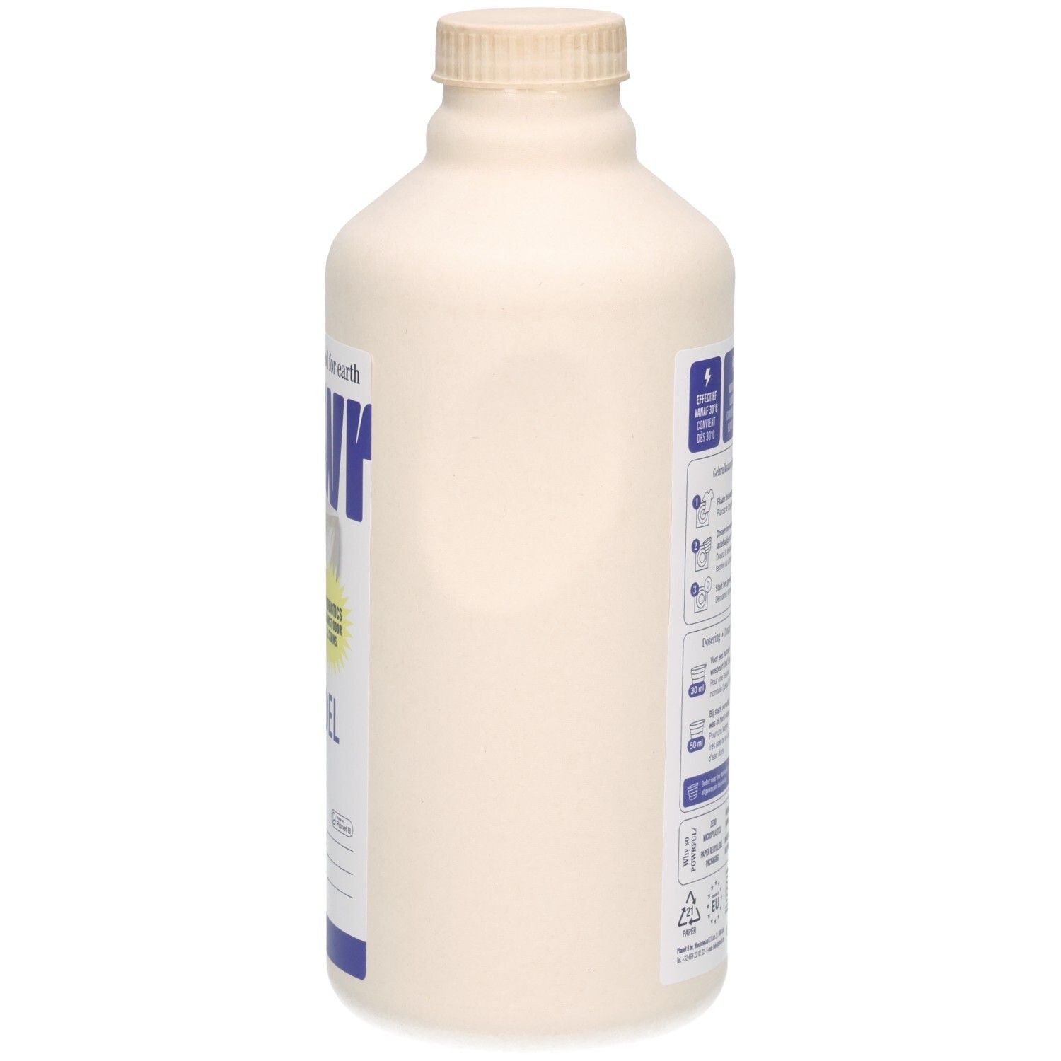 POWR Flüssigwaschmittel für weiße Wäsche, Seitenansicht der Papier-Recyclingflasche.