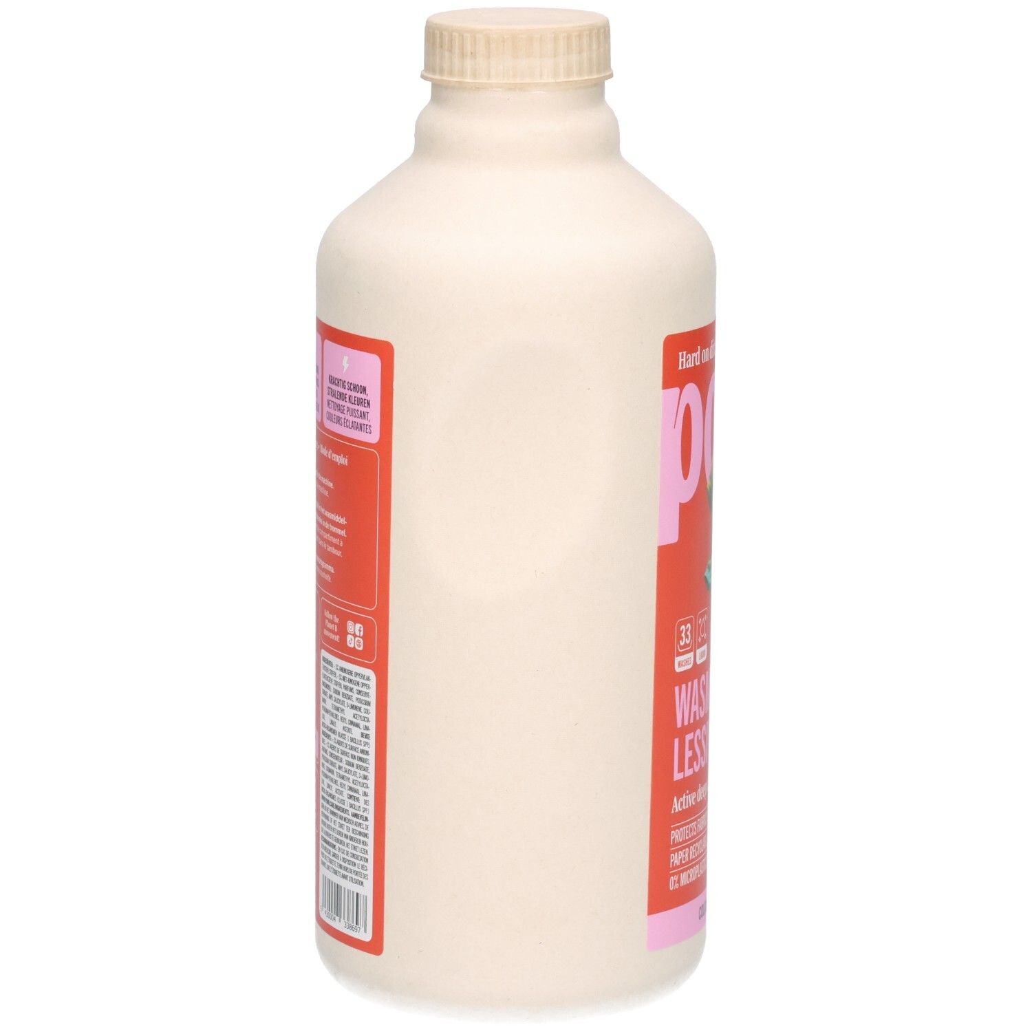 POWR Flüssigwaschmittel für farbige Wäsche, Seitenansicht der 1L Flasche.