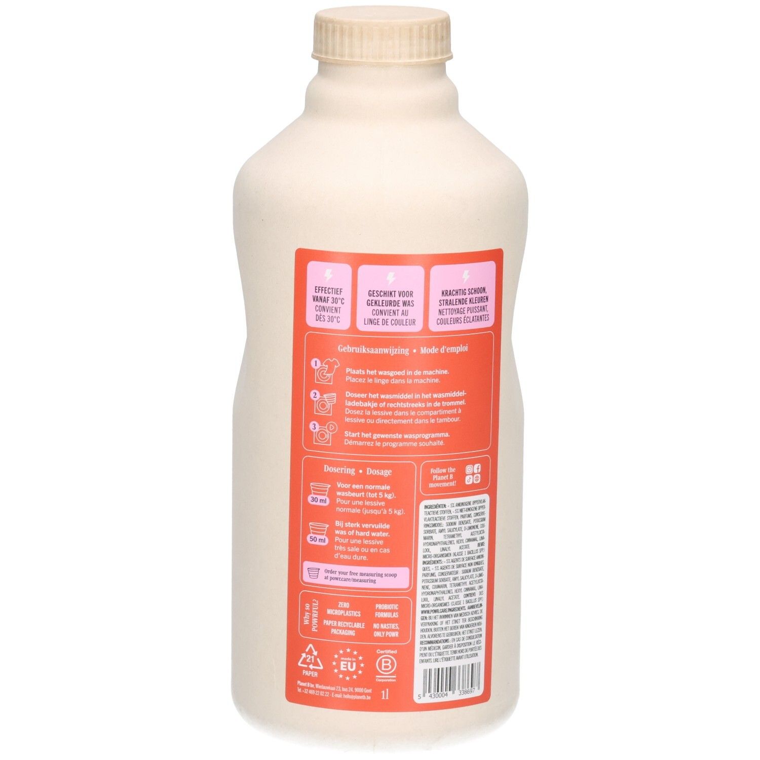 Rückseite der POWR Flüssigwaschmittel Flasche mit Anweisungen und Produktinformationen.