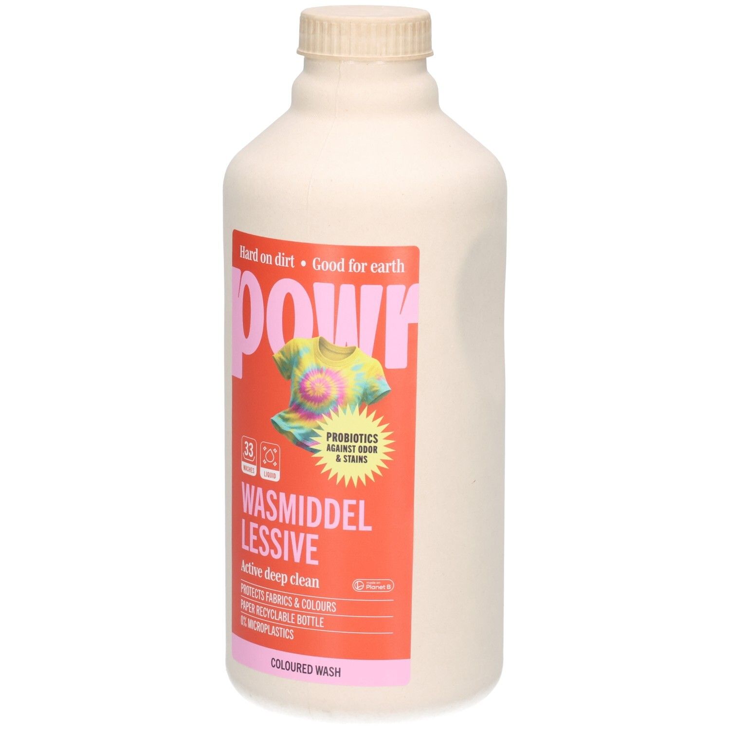 POWR Flüssigwaschmittel für farbige Wäsche, 1L Flasche mit Etikett, das ein T-Shirt zeigt.