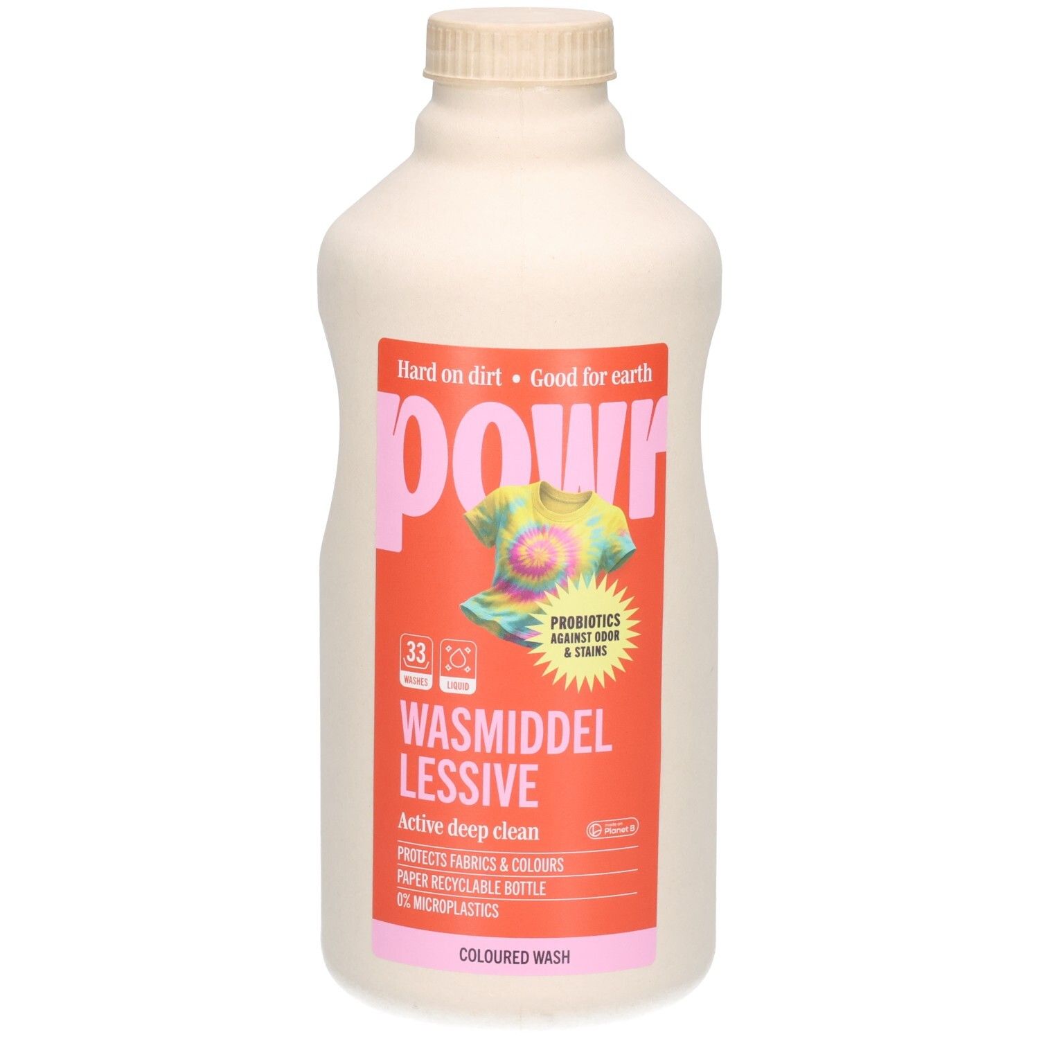POWR Flüssigwaschmittel für farbige Wäsche, 1L Flasche mit Etikett, das ein T-Shirt zeigt.