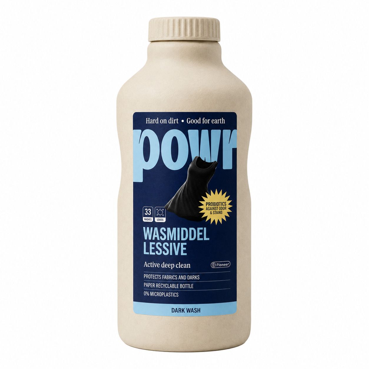 Lessive liquide POWR pour linge foncé dans une bouteille beige.