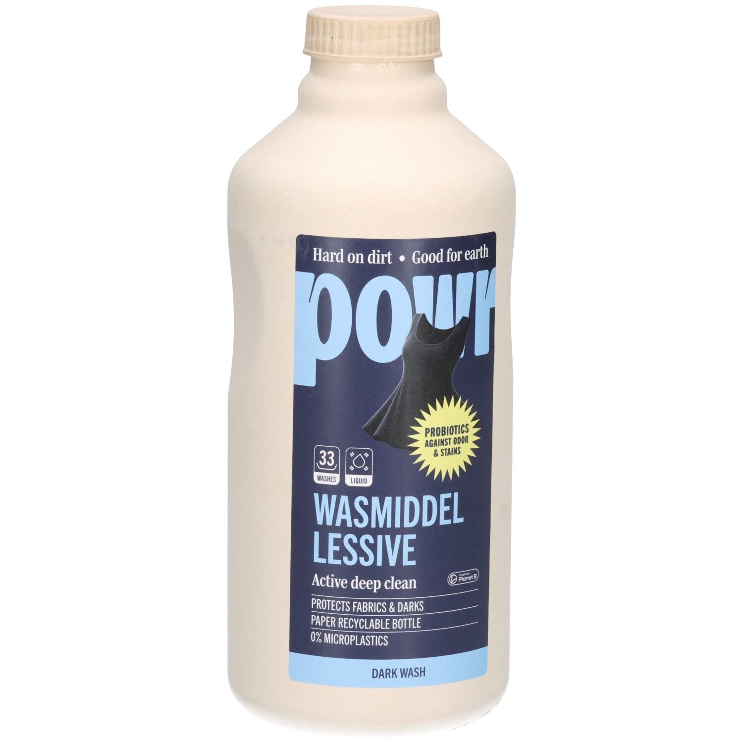 POWR Flüssigwaschmittel für dunkle Wäsche in einer beigefarbenen Flasche.
