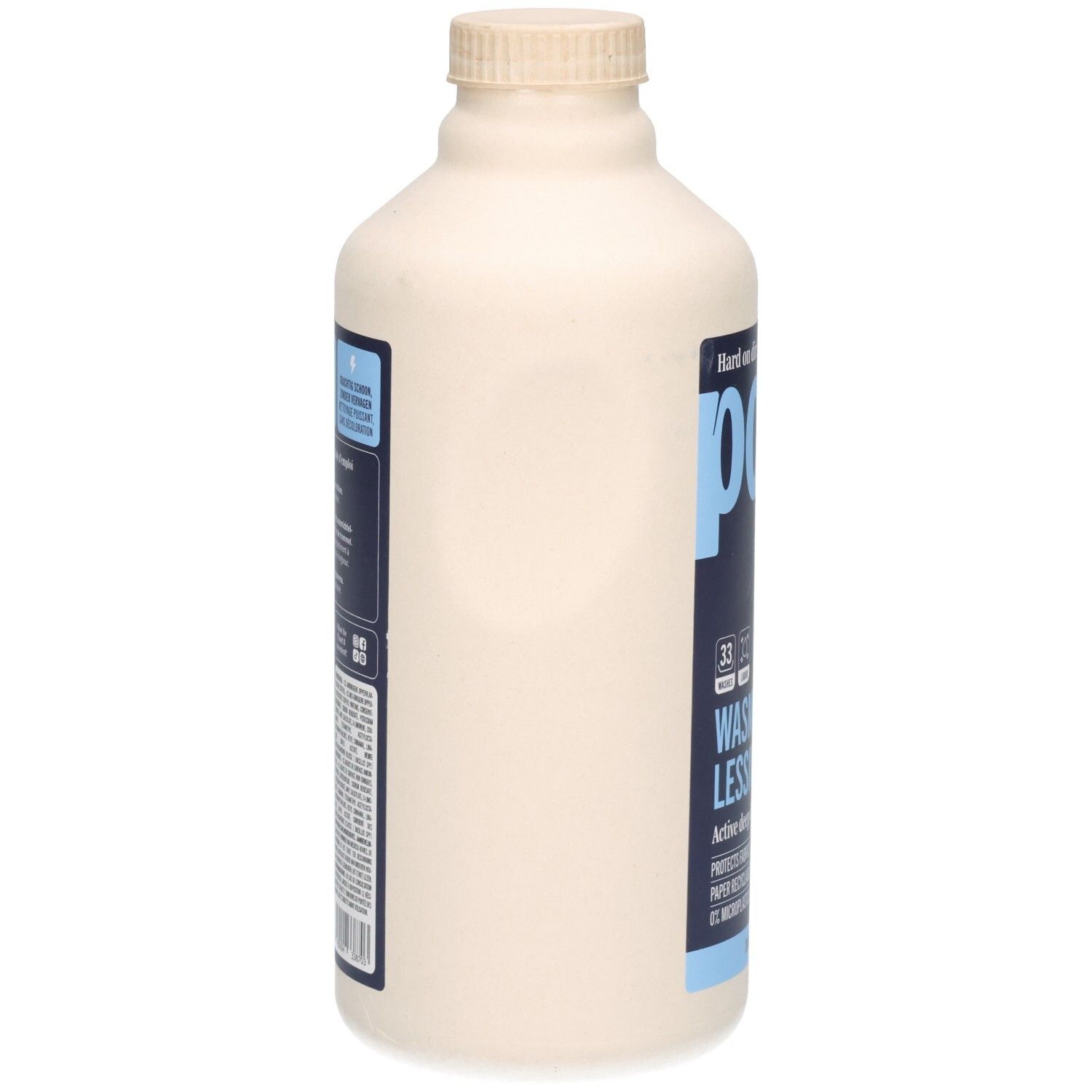 POWR Flüssigwaschmittel für dunkle Wäsche, Seitenansicht der beigefarbenen Flasche.
