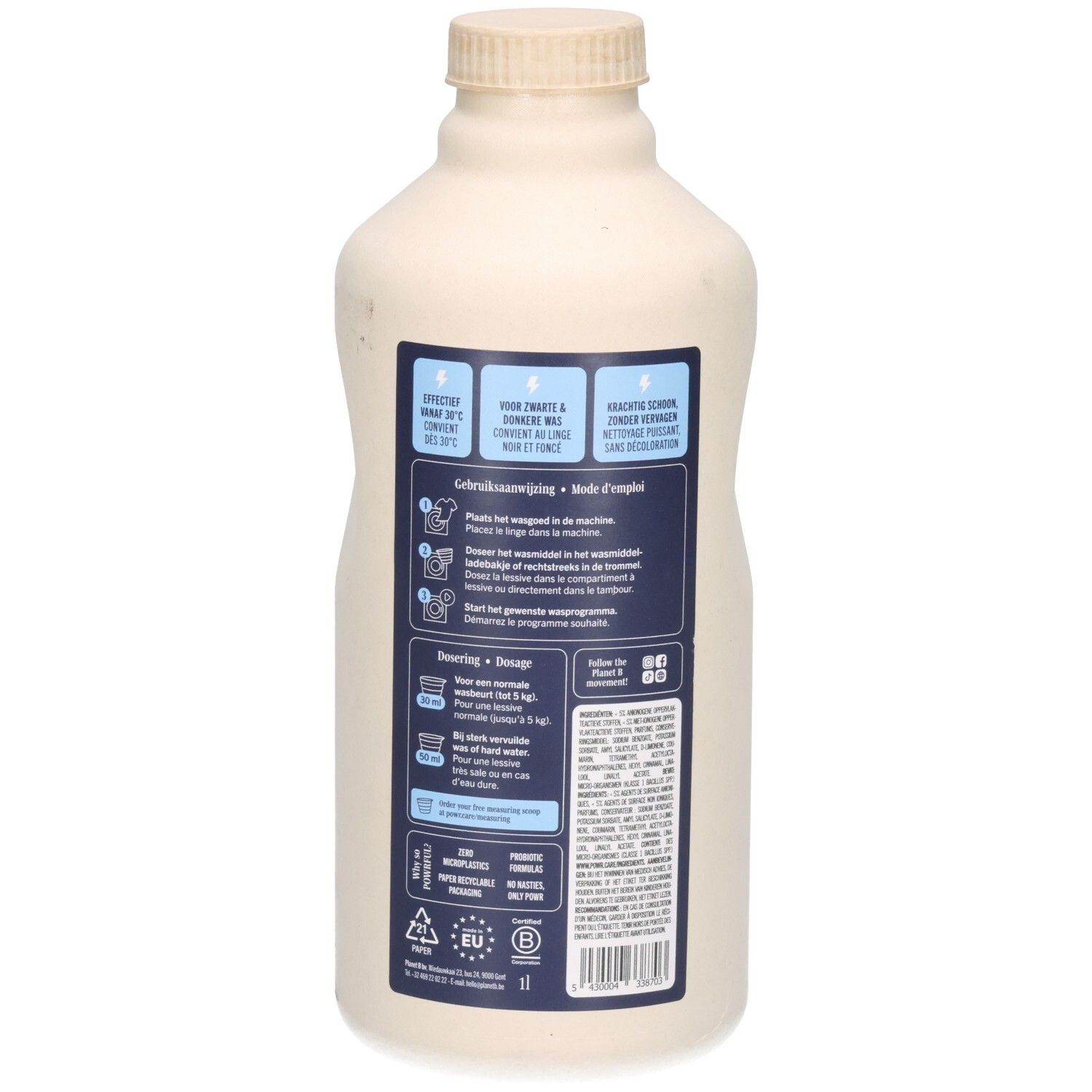 Rückseite der POWR Flüssigwaschmittel-Flasche für dunkle Wäsche mit Anwendungshinweisen.