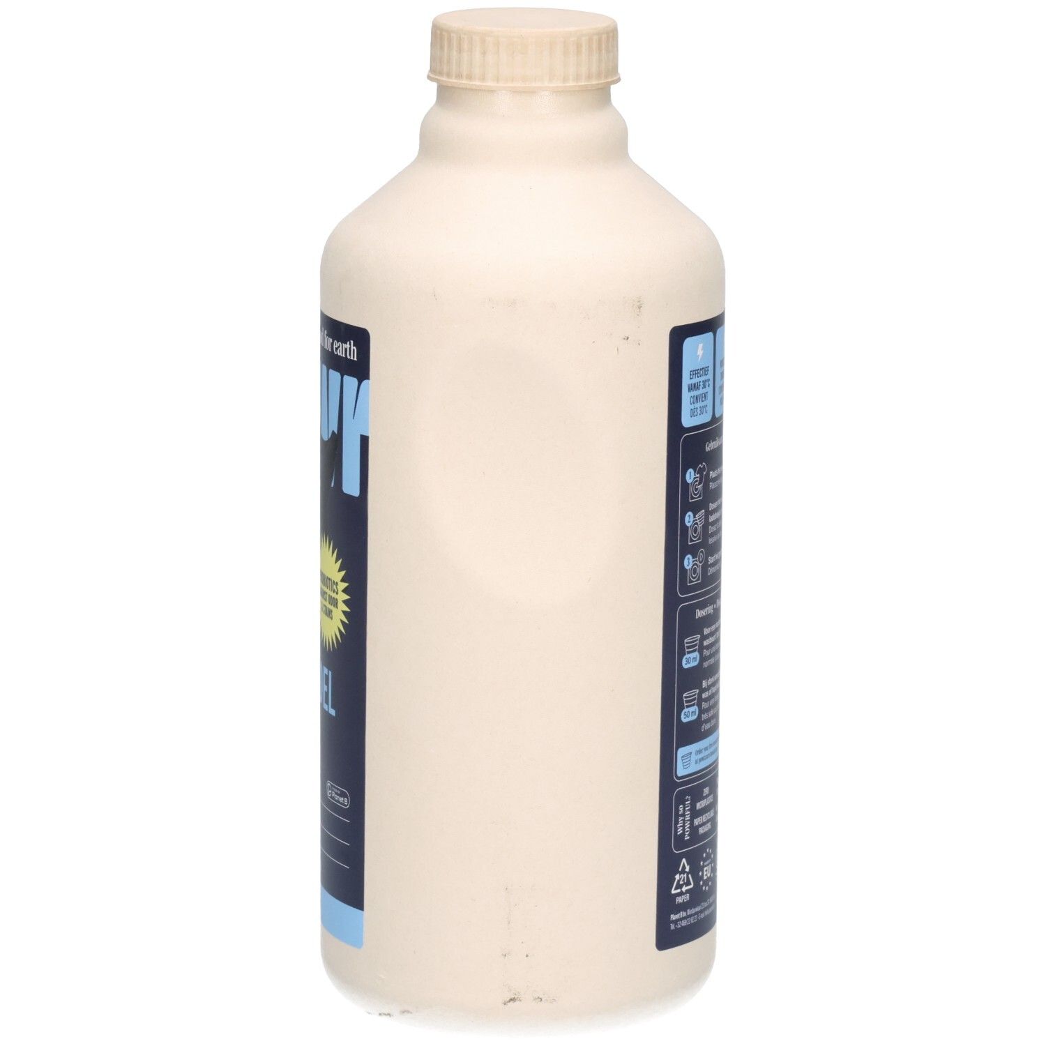 POWR Flüssigwaschmittel für dunkle Wäsche, Seitenansicht der beigefarbenen Flasche.