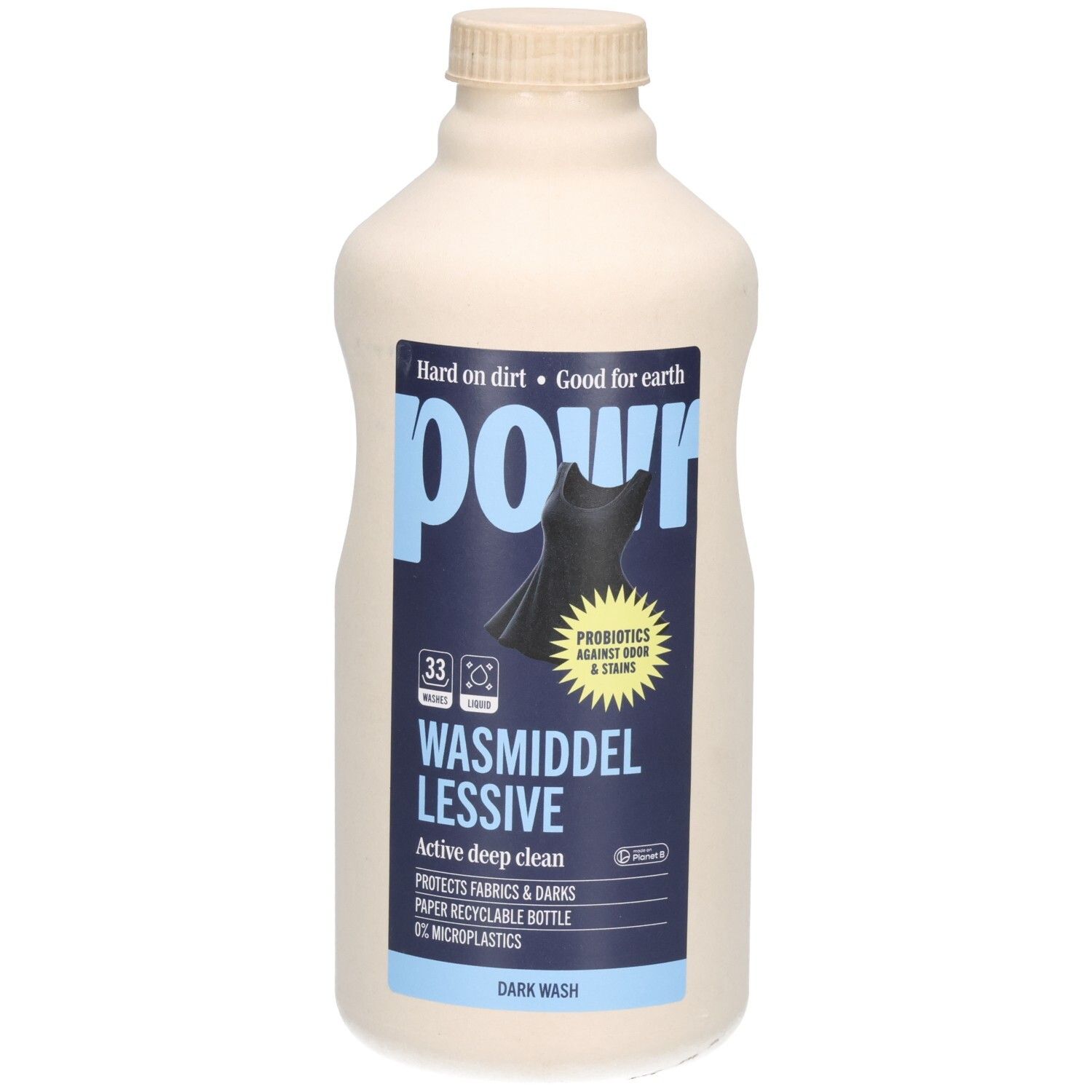POWR Flüssigwaschmittel für dunkle Wäsche in einer beigefarbenen Flasche.