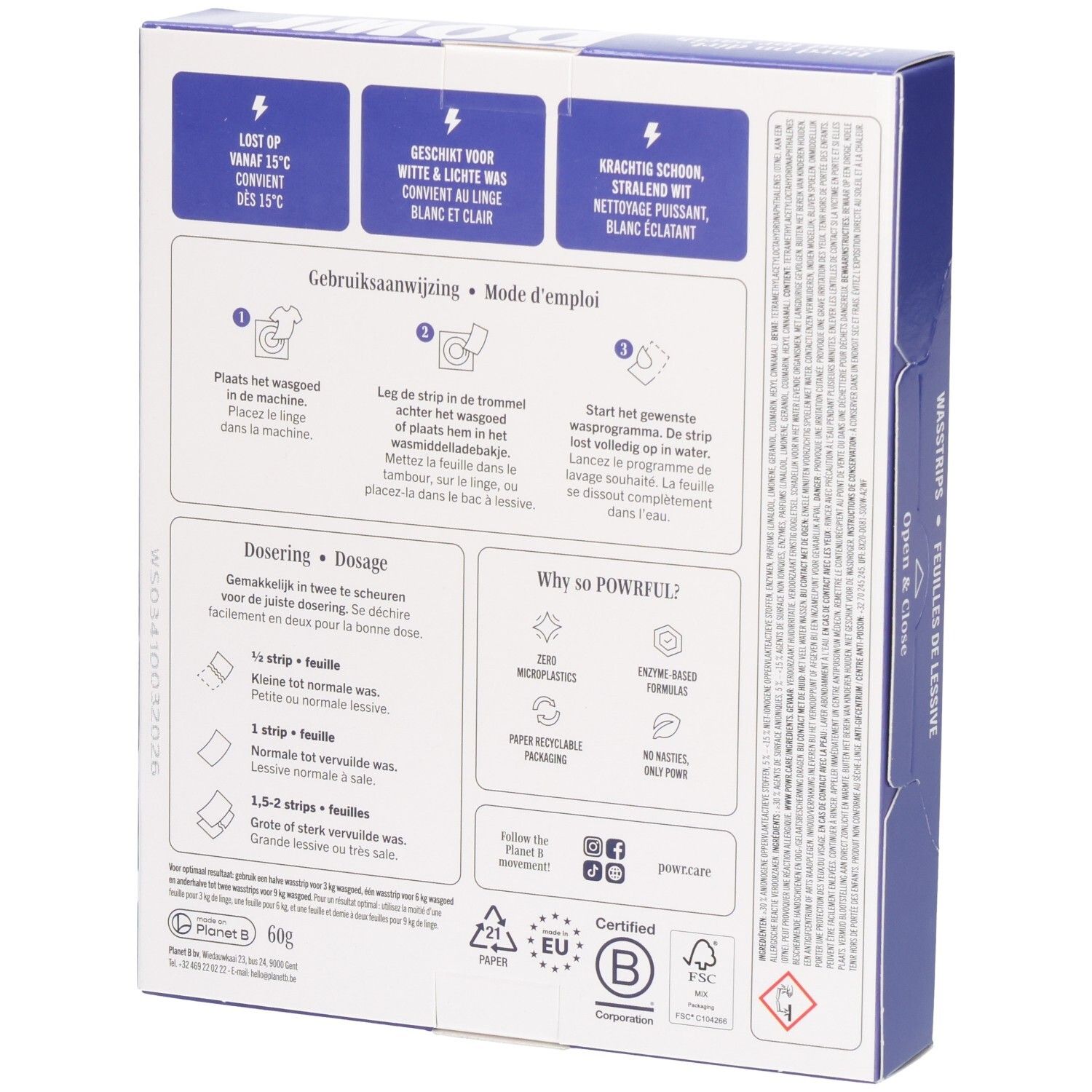 Rückseite der POWR Waschstreifen-Verpackung mit Anwendungshinweisen und Zertifizierungen.