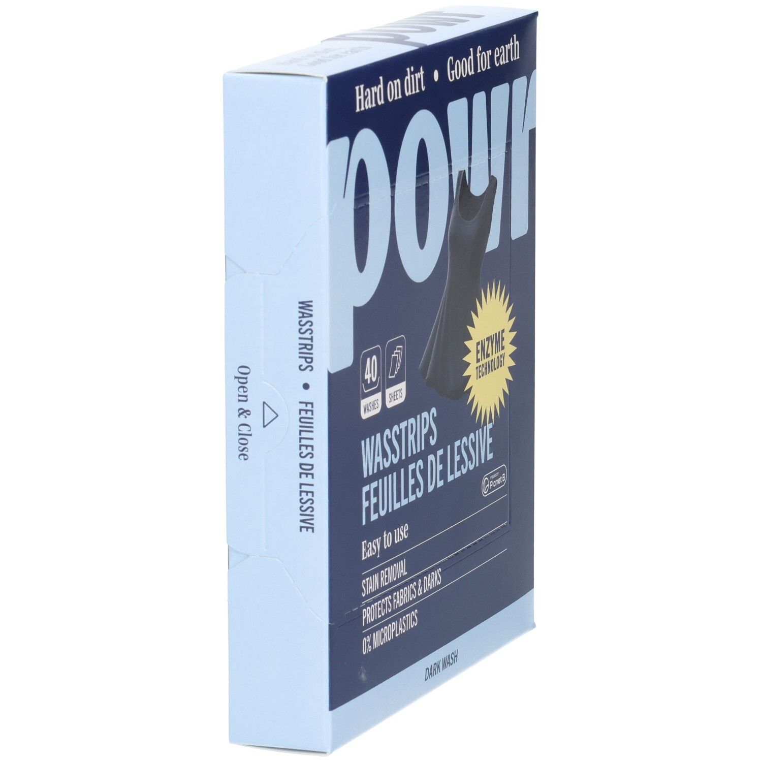 POWR Waschstreifen für dunkle Wäsche, Seitenansicht der Verpackung.