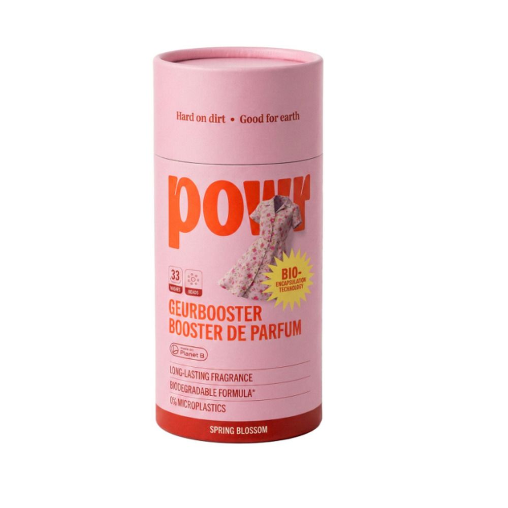 Rosa zylindrischer Behälter mit "pow" Logo, Duftbooster für Wäsche, 33 Wäschen, Spring Blossom.