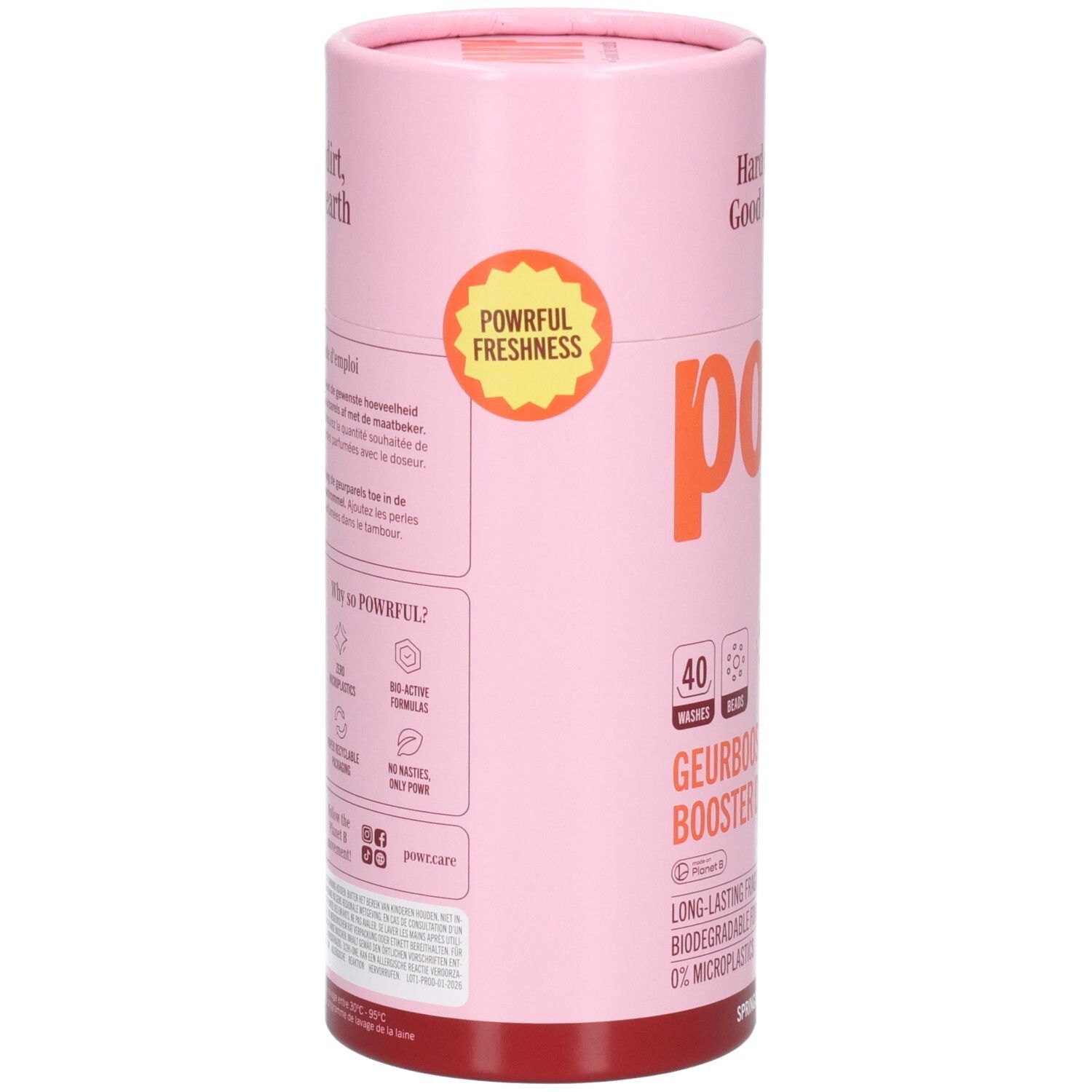 Rosa zylindrischer Behälter mit orangefarbenem Logo und Aufschriften, 40 Einheiten.