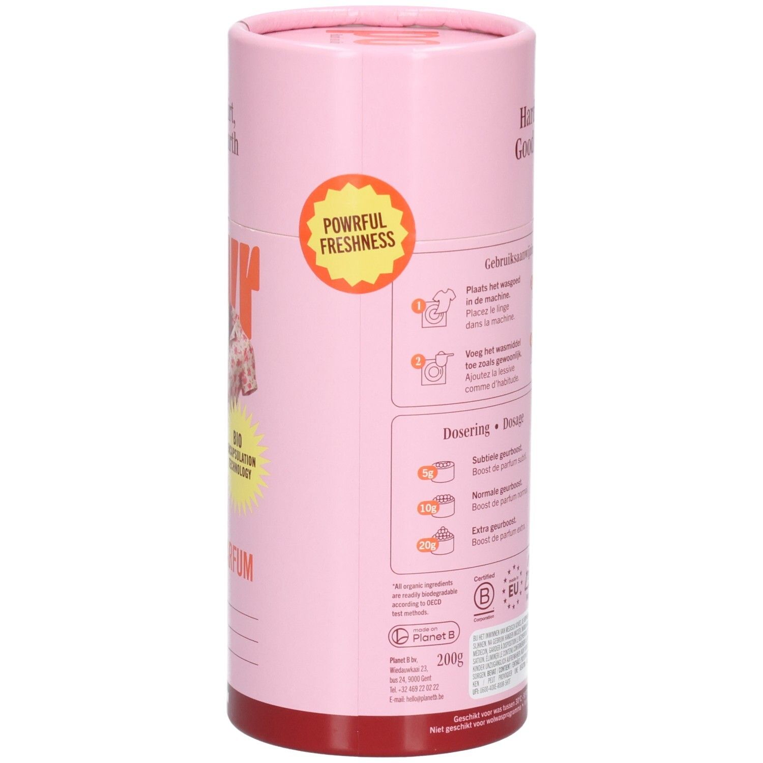 Rosa Zylinderverpackung mit Aufdrucken, 'POWRFUL FRESHNESS'-Siegel und Dosierungsanleitung.