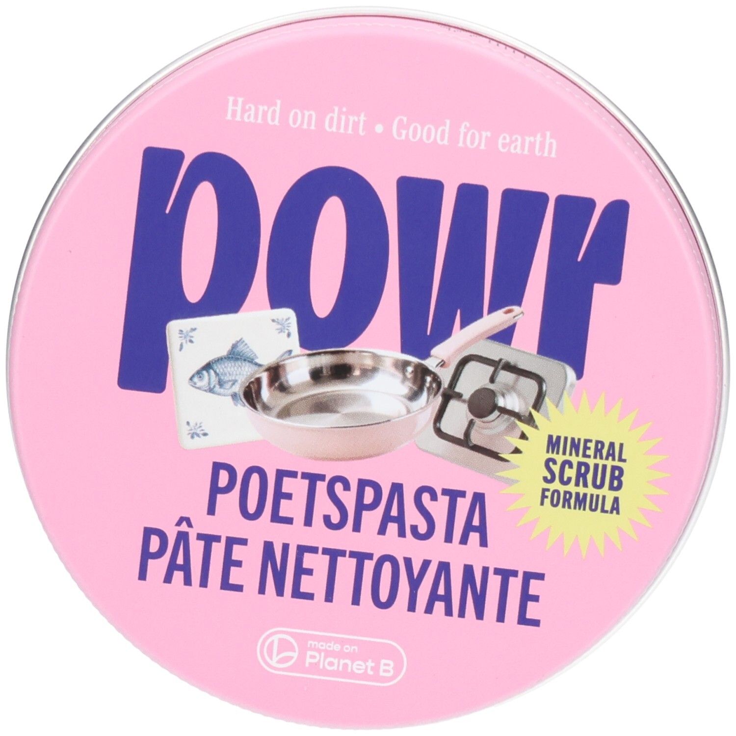 POWR Reinigungspaste in rosa Dose mit Abbildungen von Kochutensilien und Fliesen. Mineral Scrub Formel.