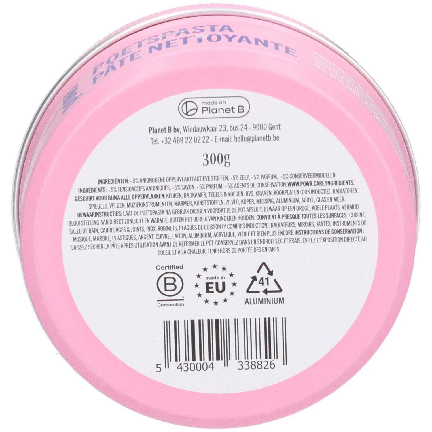 Rückseite der POWR Reinigungspaste Dose. Enthält 300g. Zertifiziert durch B Corp und EU. Aluminiumverpackung.