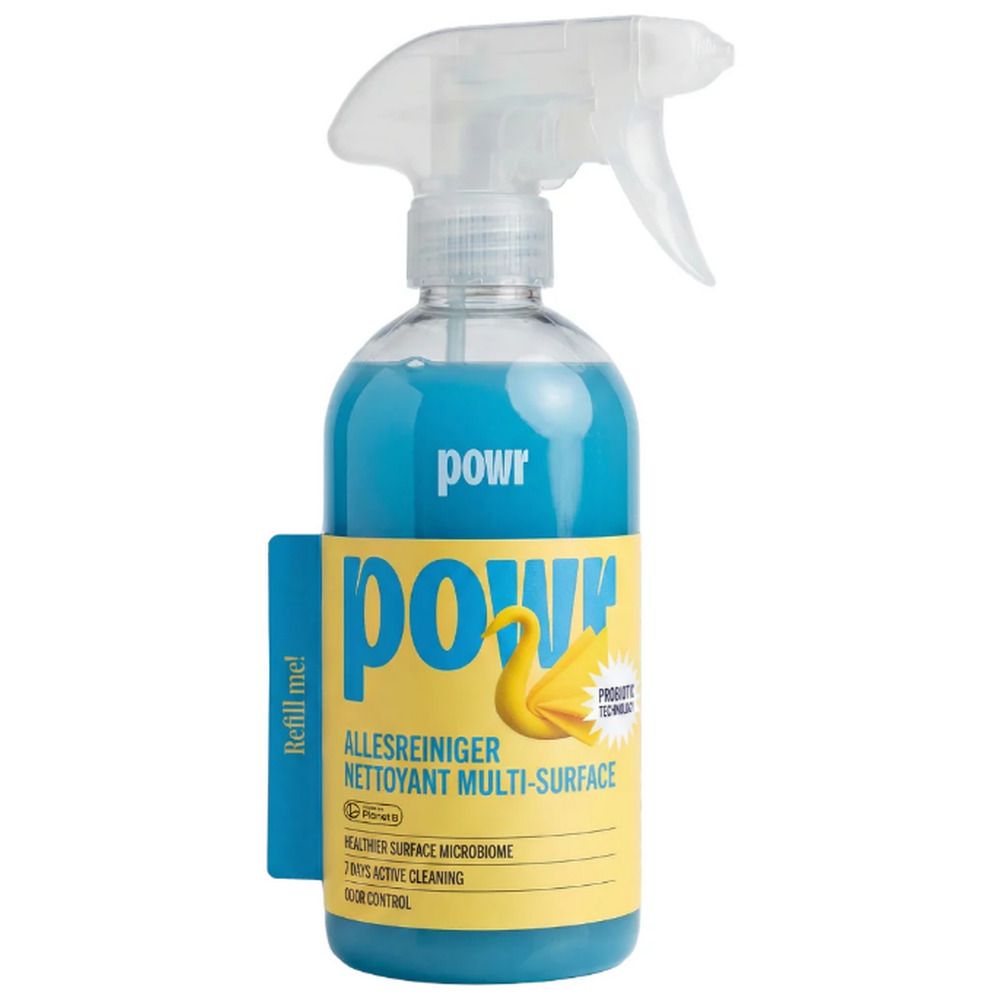 Nettoyant multi-surfaces POWR, vue avant avec étiquette jaune et indication de recharge.