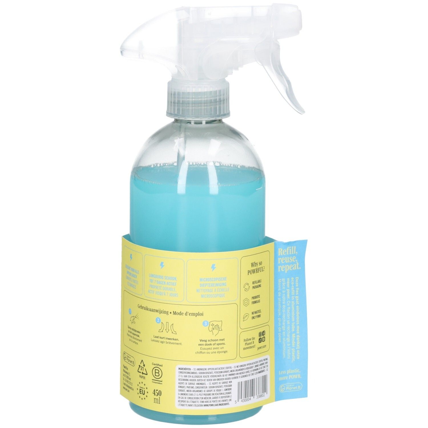 POWR Multi-Surface Reiniger, Rückansicht mit Anwendungshinweisen auf dem Etikett.