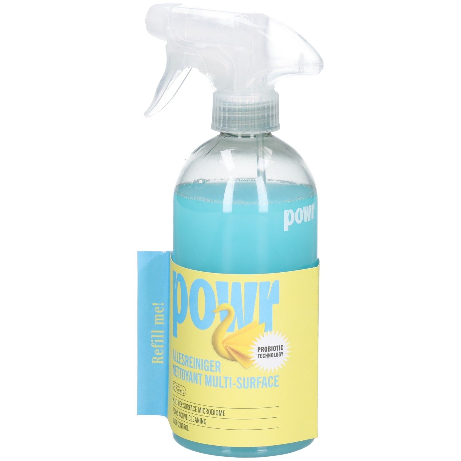 POWR Multi-Surface Reiniger in Sprühflasche, Vorderansicht mit gelbem Etikett und Nachfüllhinweis.