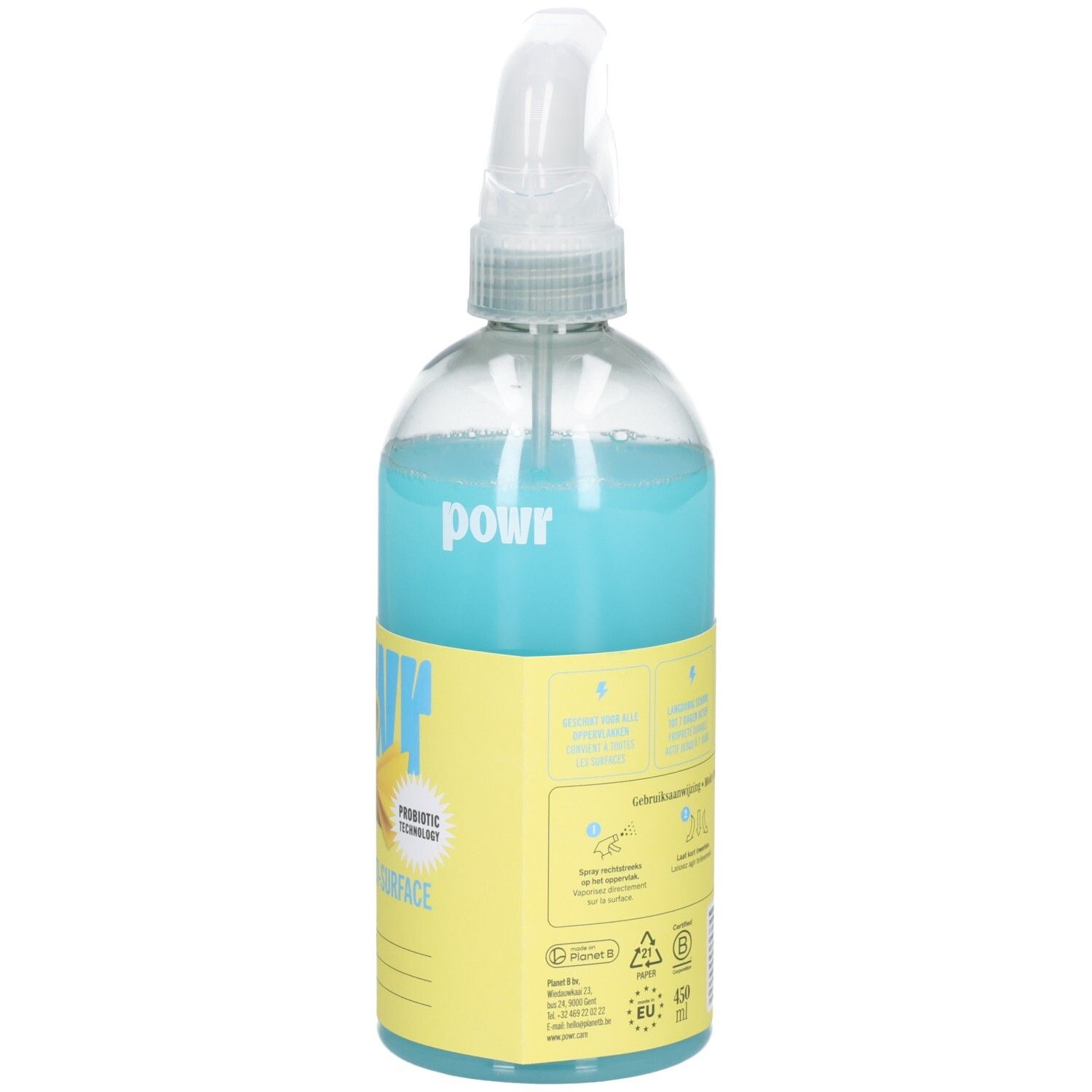POWR Multi-Surface Reiniger, Seitenansicht mit Fokus auf das Etikett und die Sprühfunktion.
