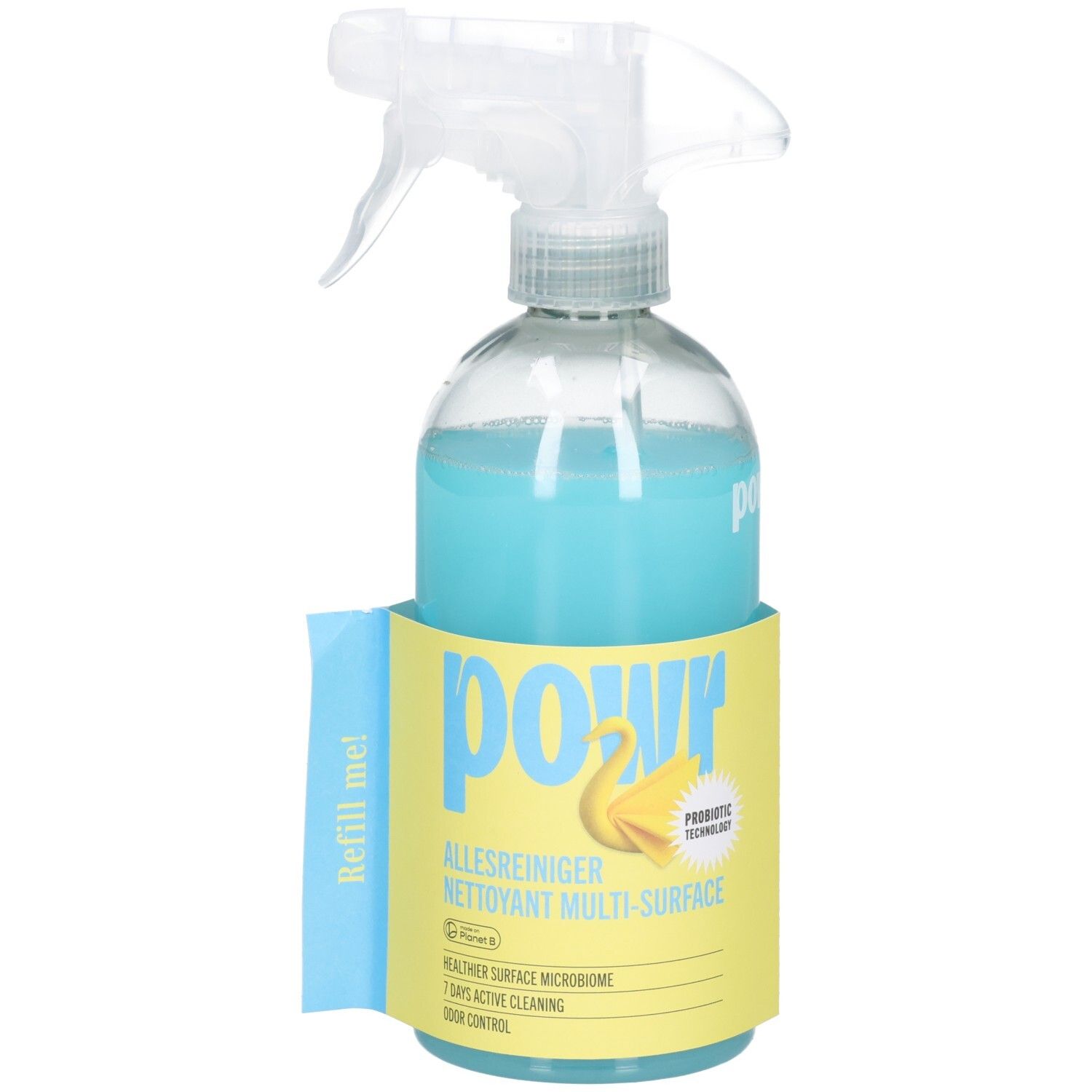 POWR Multi-Surface Reiniger, leicht schräger Blickwinkel auf die Sprühflasche mit gelbem Etikett.