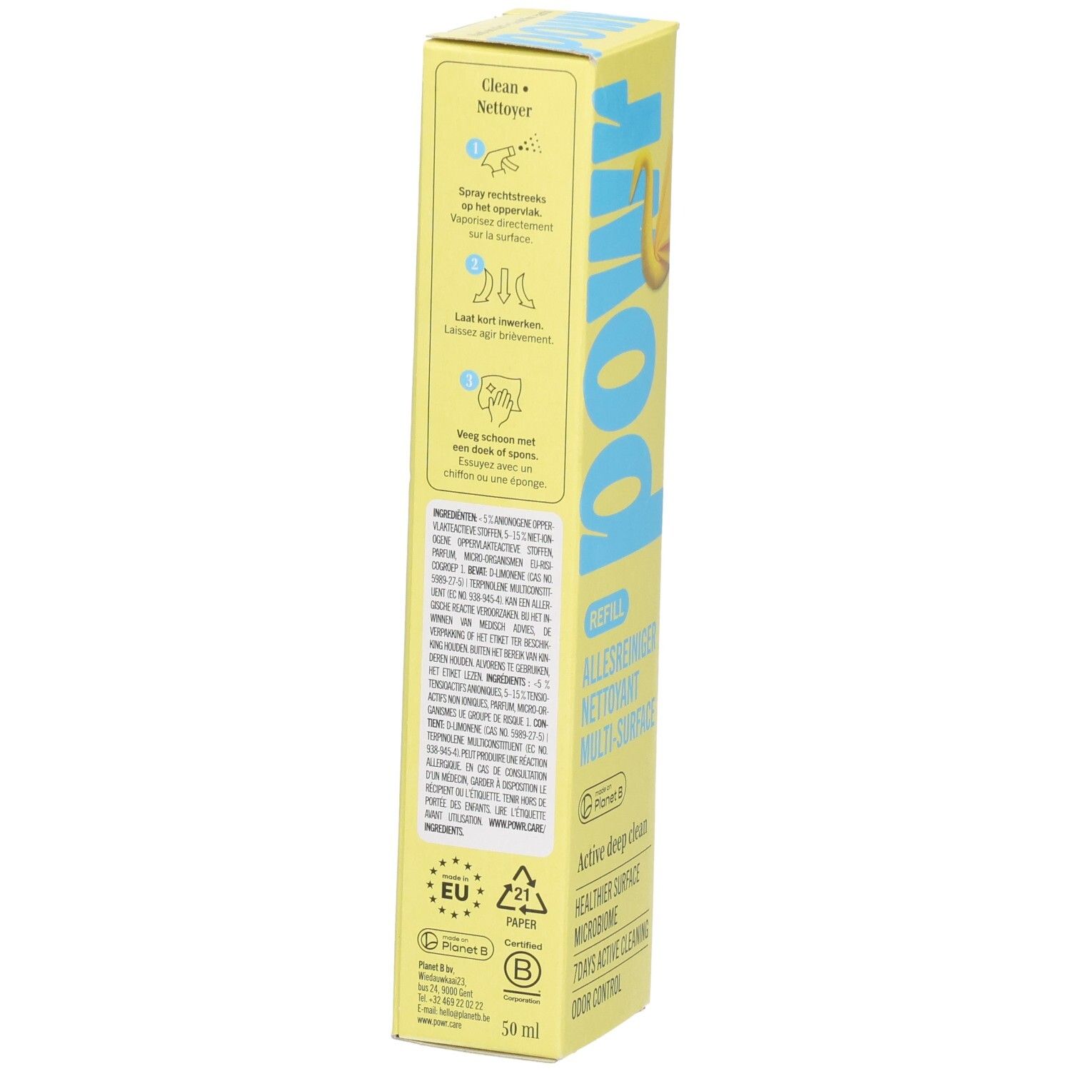 POWR Nachfüllpackung: Rückseite mit Anwendungshinweisen und Inhaltsstoffen.