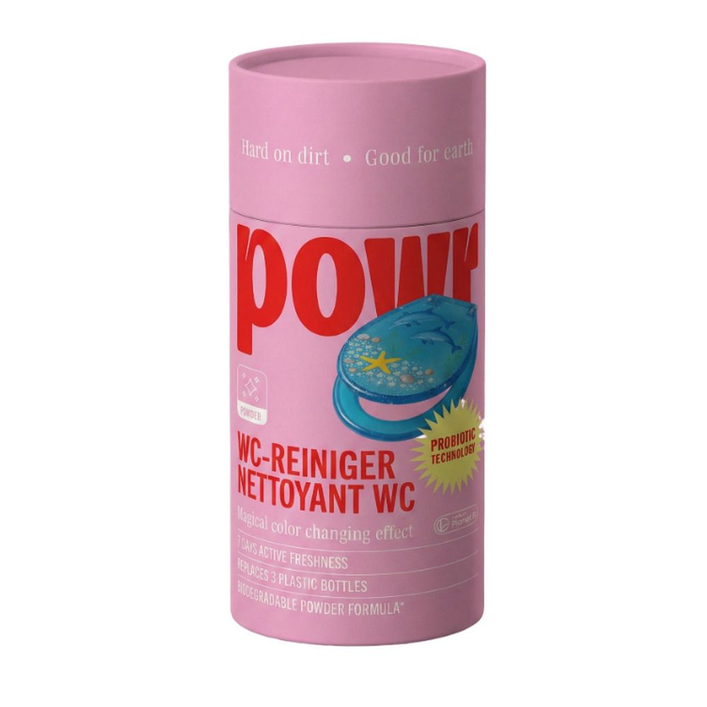 Rosa Dose mit WC-Reiniger, 'pow-r' Logo, biologisch abbaubare Pulverformel.