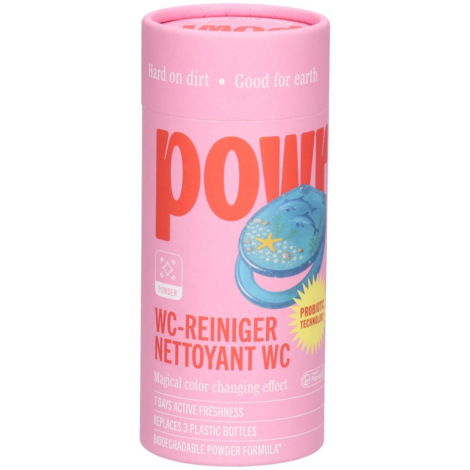 Pinke Dose mit "pow"-Logo und WC-Reiniger-Aufschrift. Enthält eine Abbildung einer Toilettenschüssel mit Delfinen.