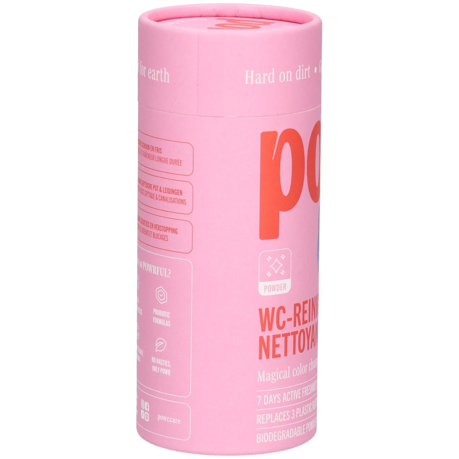 Rosa zylindrischer Behälter mit WC-Reiniger-Pulver. Enthält Aufschriften wie 'POWDER' und 'WC-REINIGER'.