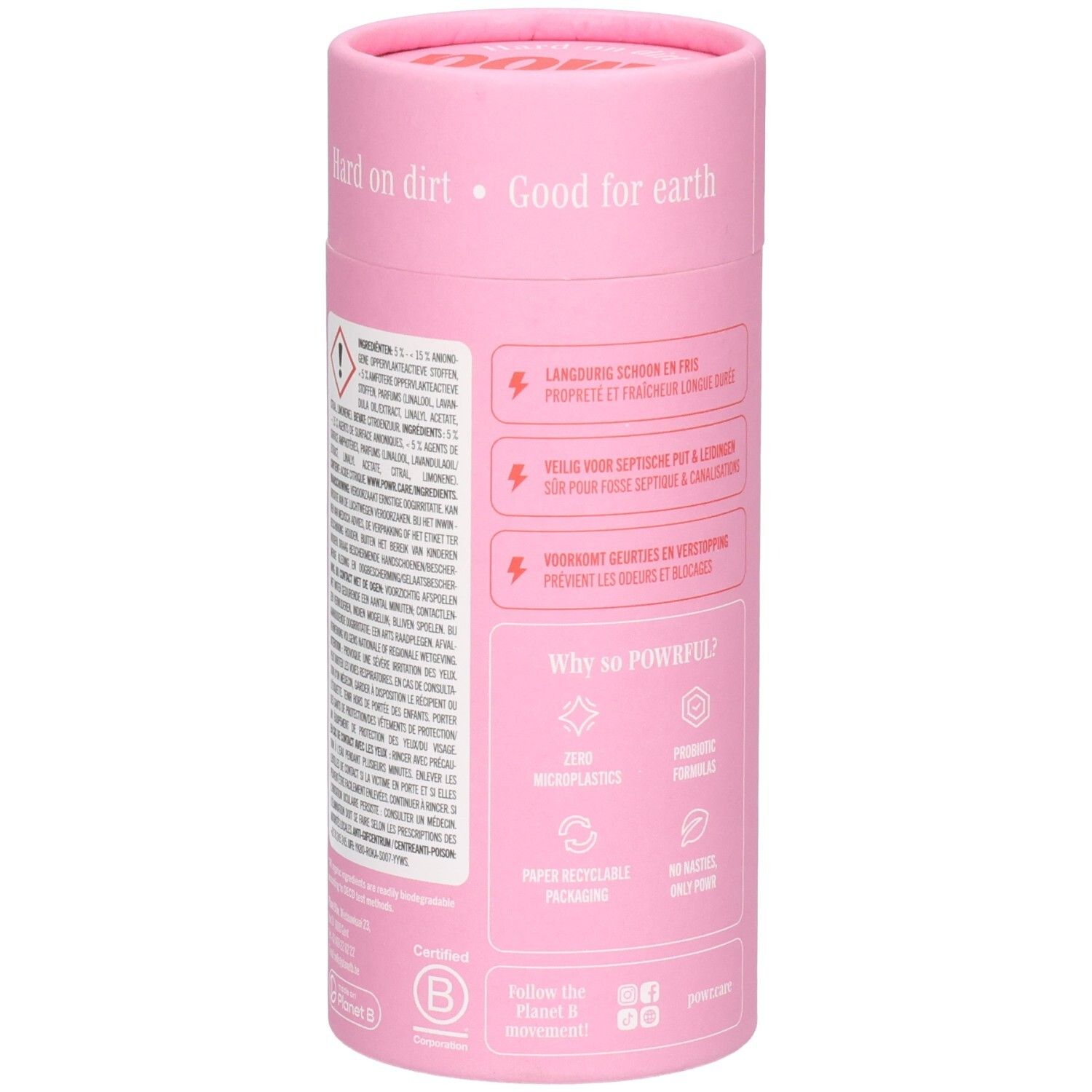 Rosa Zylinderverpackung mit Produktinformationen und Umweltzertifizierungen.