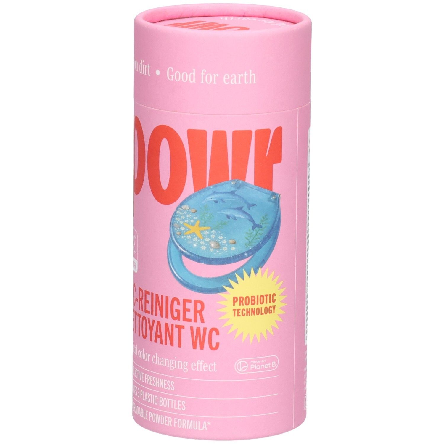 Rosa Dose mit WC-Reiniger, Probiotika-Technologie und Delfin-Motiv.