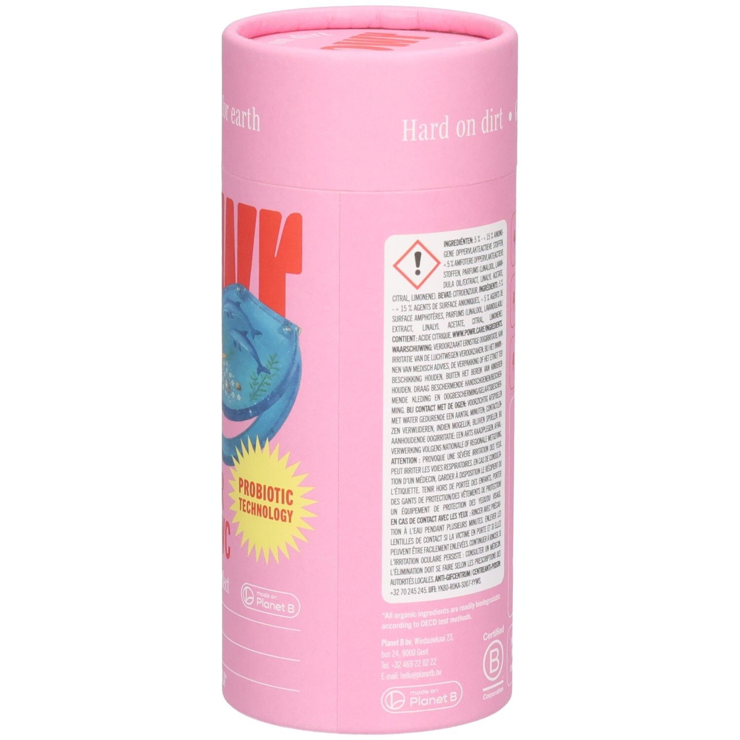 Rosa Zylinderverpackung mit Aufschrift "PROBIOTIC TECHNOLOGY" und Warnsymbol.