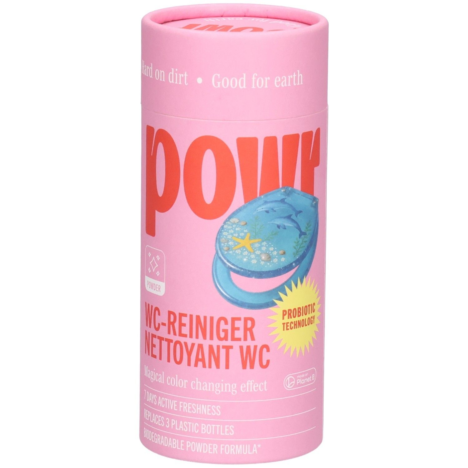 Pinke Dose mit WC-Reiniger-Pulver. Zeigt eine Toilettenschüssel mit Seestern und Blasen. Enthält Probiotika.