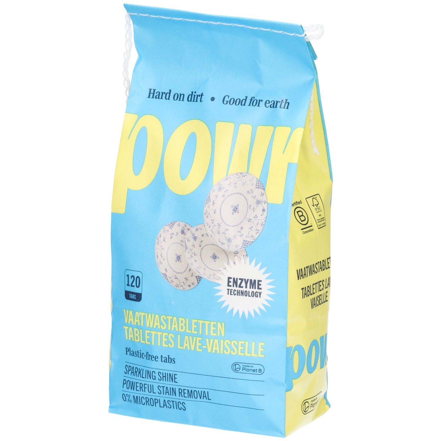 POWR Spülmaschinentabs, 120 Stück, "Hard on dirt • Good for earth" Aufschrift.