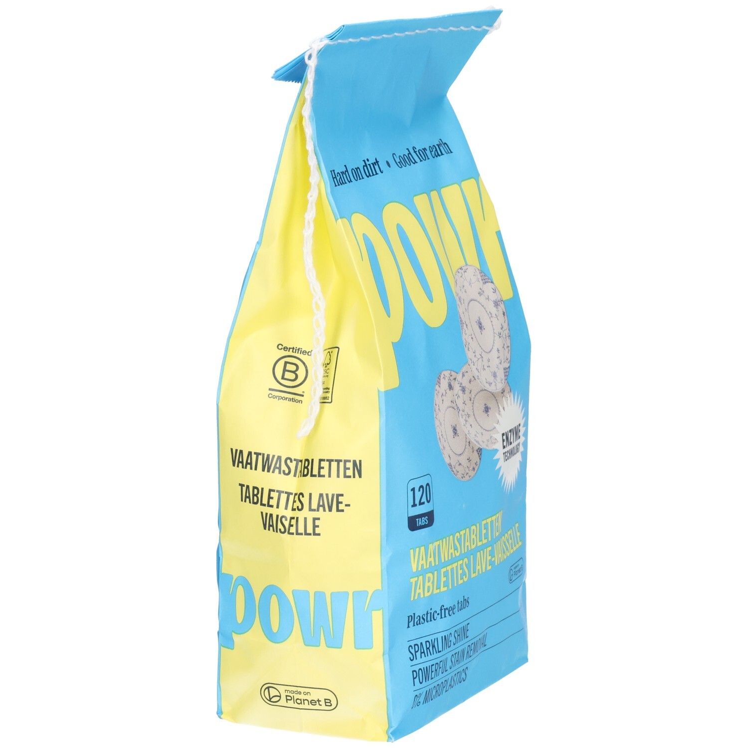 POWR Spülmaschinentabs, 120 Stück, Seite der Verpackung mit Zertifizierungen.