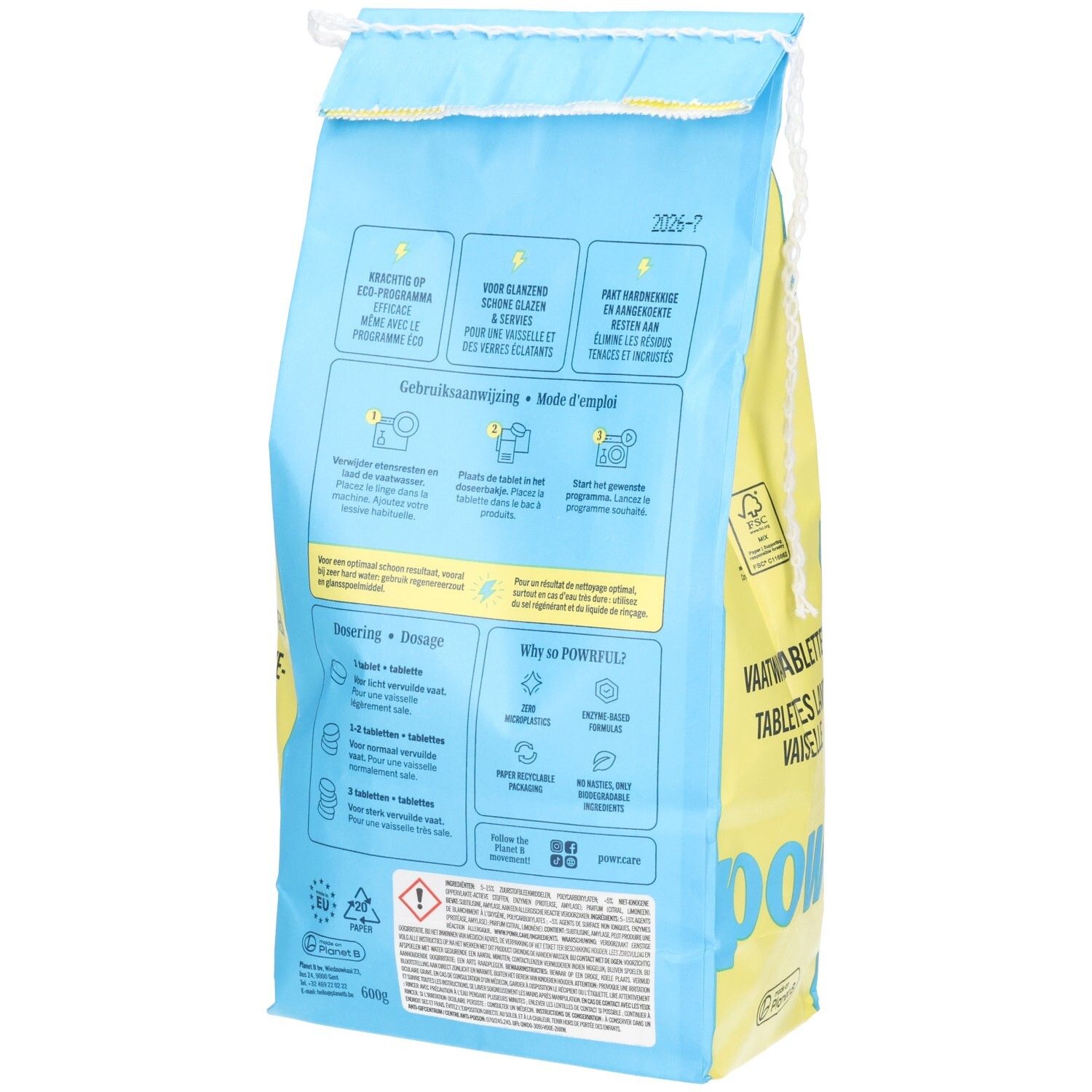 Rückseite der POWR Spülmaschinentabs-Verpackung mit Anwendungshinweisen und Details.
