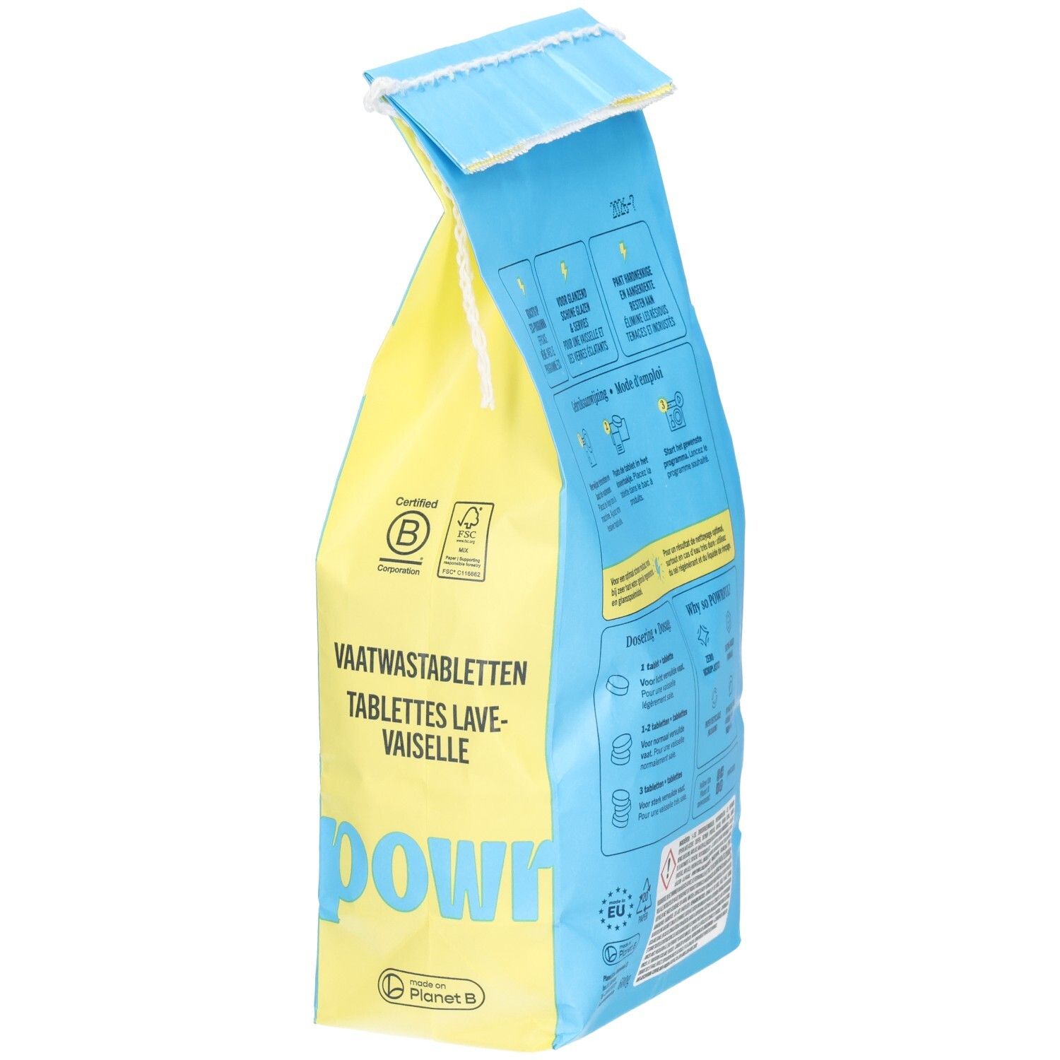 POWR Spülmaschinentabs, 120 Stück, Seitenansicht der Verpackung mit Zertifizierungen.