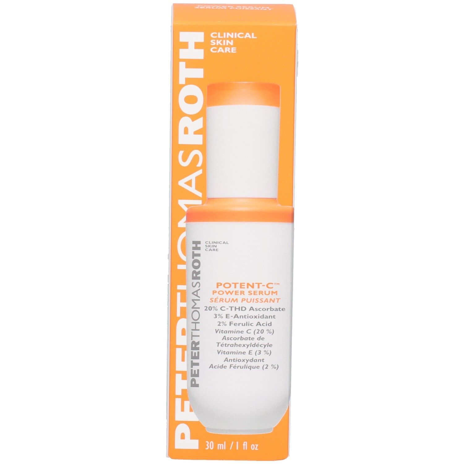 Peter Thomas Roth Potent C Power Serum Flasche und Karton, Vorderansicht.