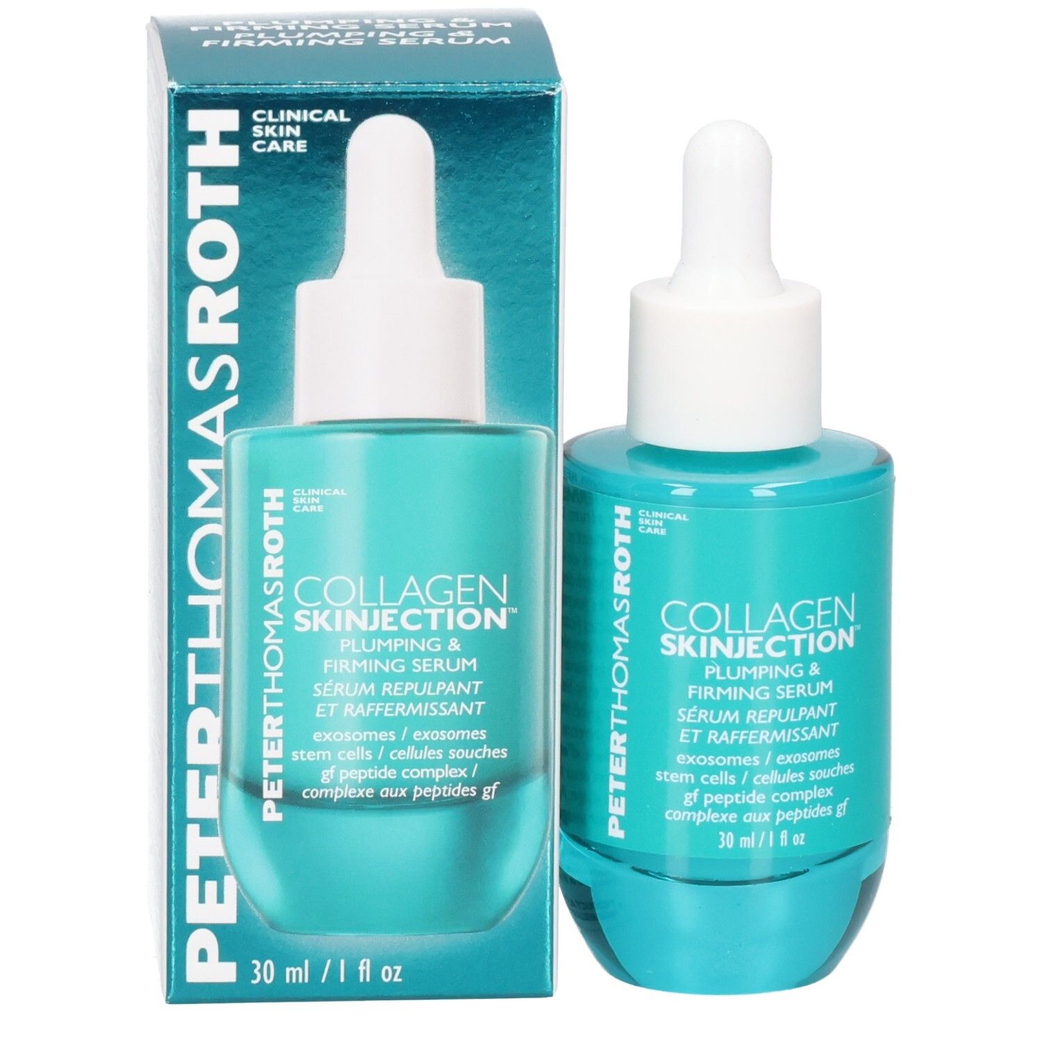 Peter Thomas Roth Collagen Skinjection Serum Flakon und Verpackung, türkisfarben.