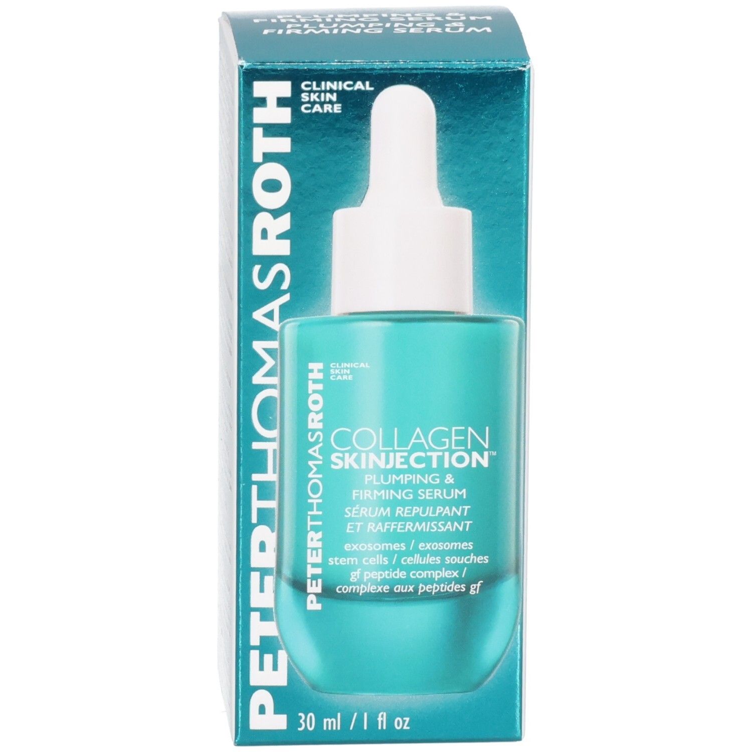 Peter Thomas Roth Collagen Skinjection Serum Flakon und Verpackung, türkisfarben.