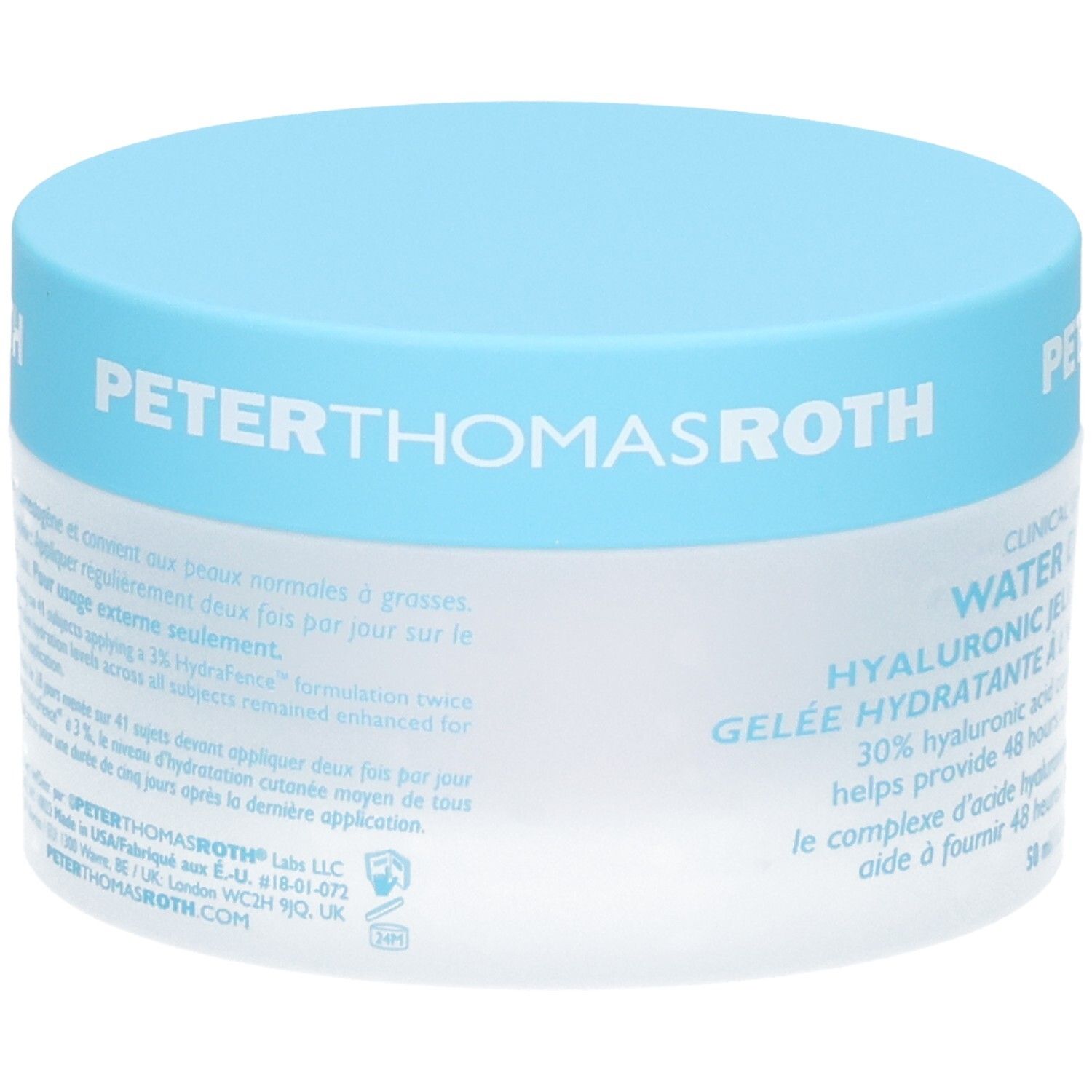 Peter Thomas Roth Water Drench Hyaluronic Jelly Moisturizer, 50ml Tiegel mit blauem Deckel, Rückseite mit Text.