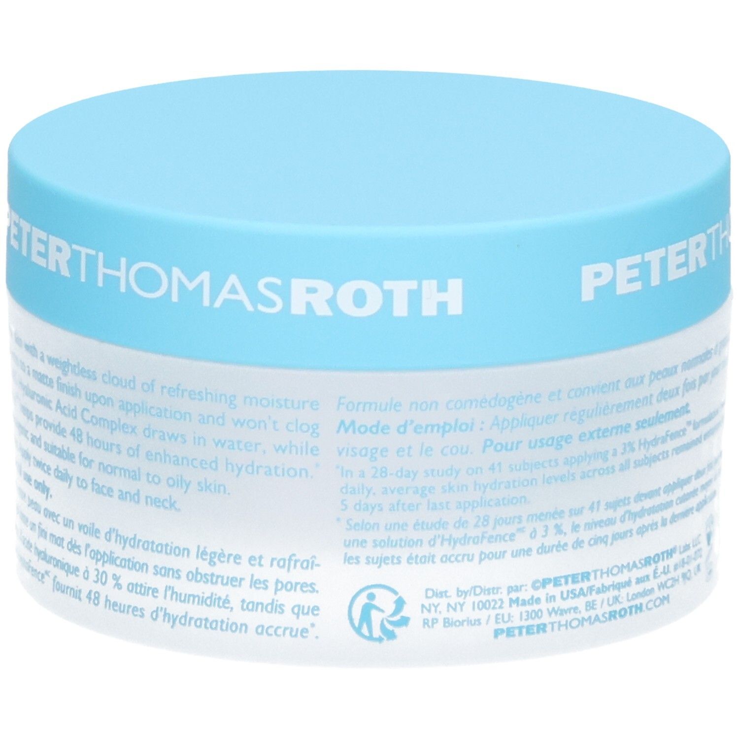 Peter Thomas Roth Water Drench Hyaluronic Jelly Moisturizer, 50ml Tiegel mit blauem Deckel, Seitenansicht mit Text.