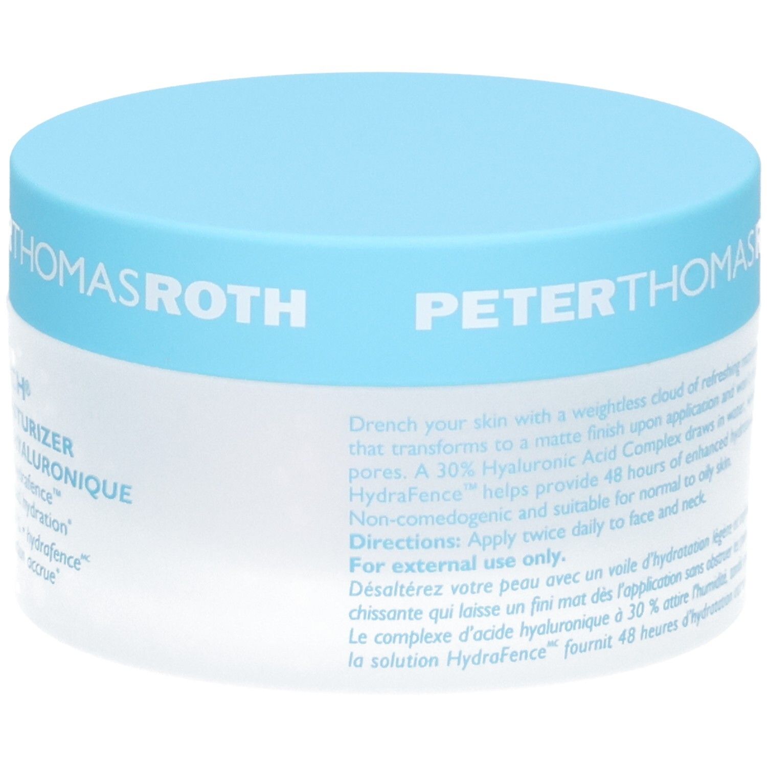 Peter Thomas Roth Water Drench Hyaluronic Jelly Moisturizer, 50ml Tiegel mit blauem Deckel, Vorderseite mit Text.