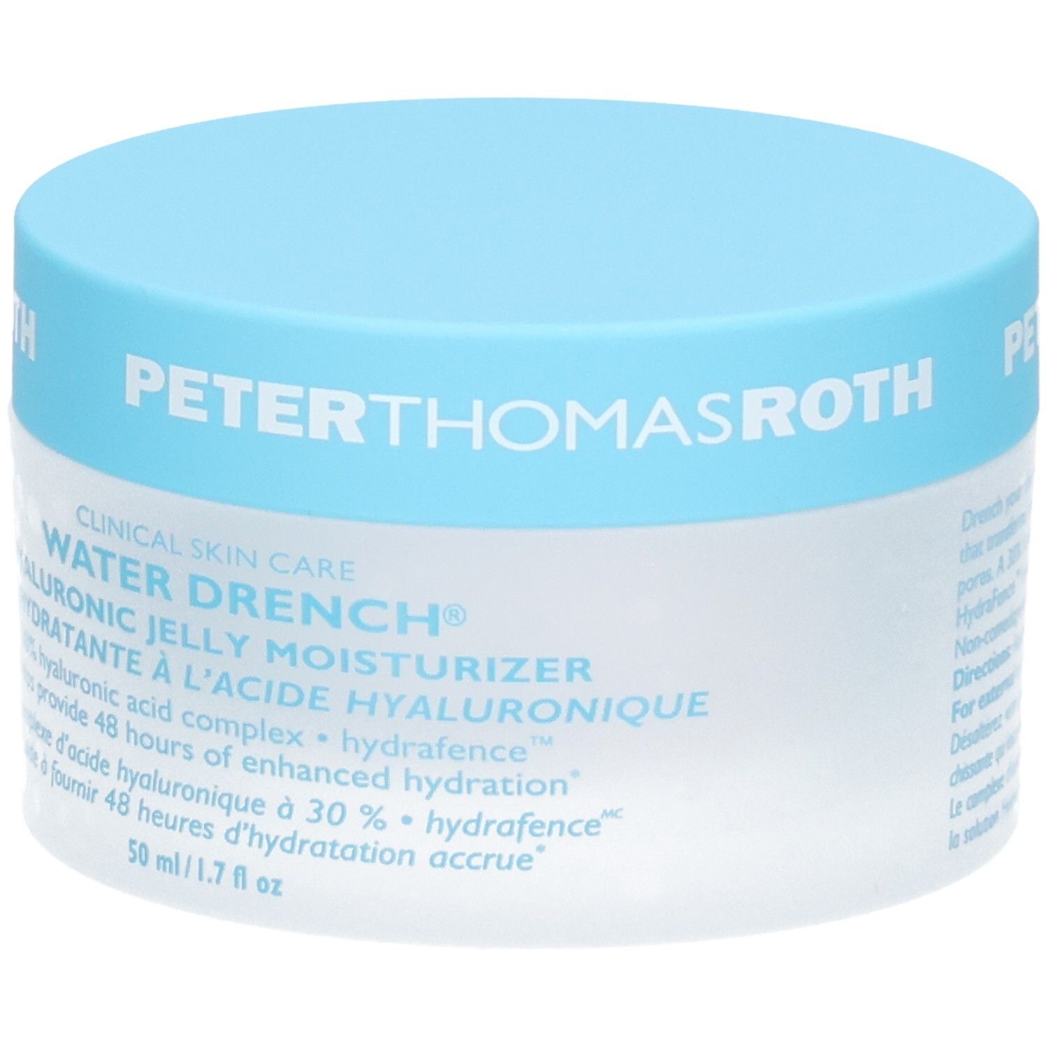 Peter Thomas Roth Water Drench Hyaluronic Jelly Moisturizer, 50ml Tiegel mit blauem Deckel, Vorderseite mit Text.