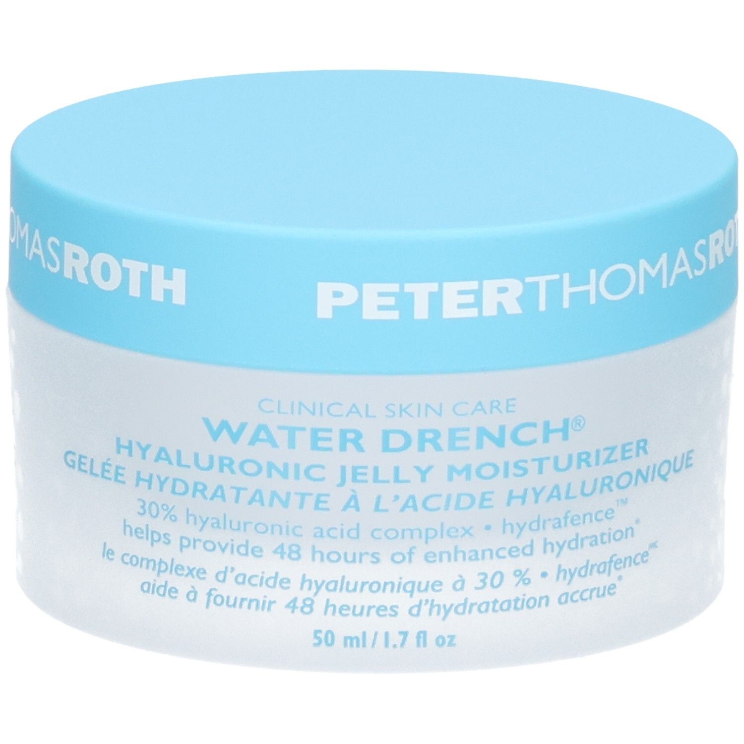 Peter Thomas Roth Water Drench Hyaluronic Jelly Moisturizer, 50ml Tiegel mit blauem Deckel, Vorderseite mit Text.
