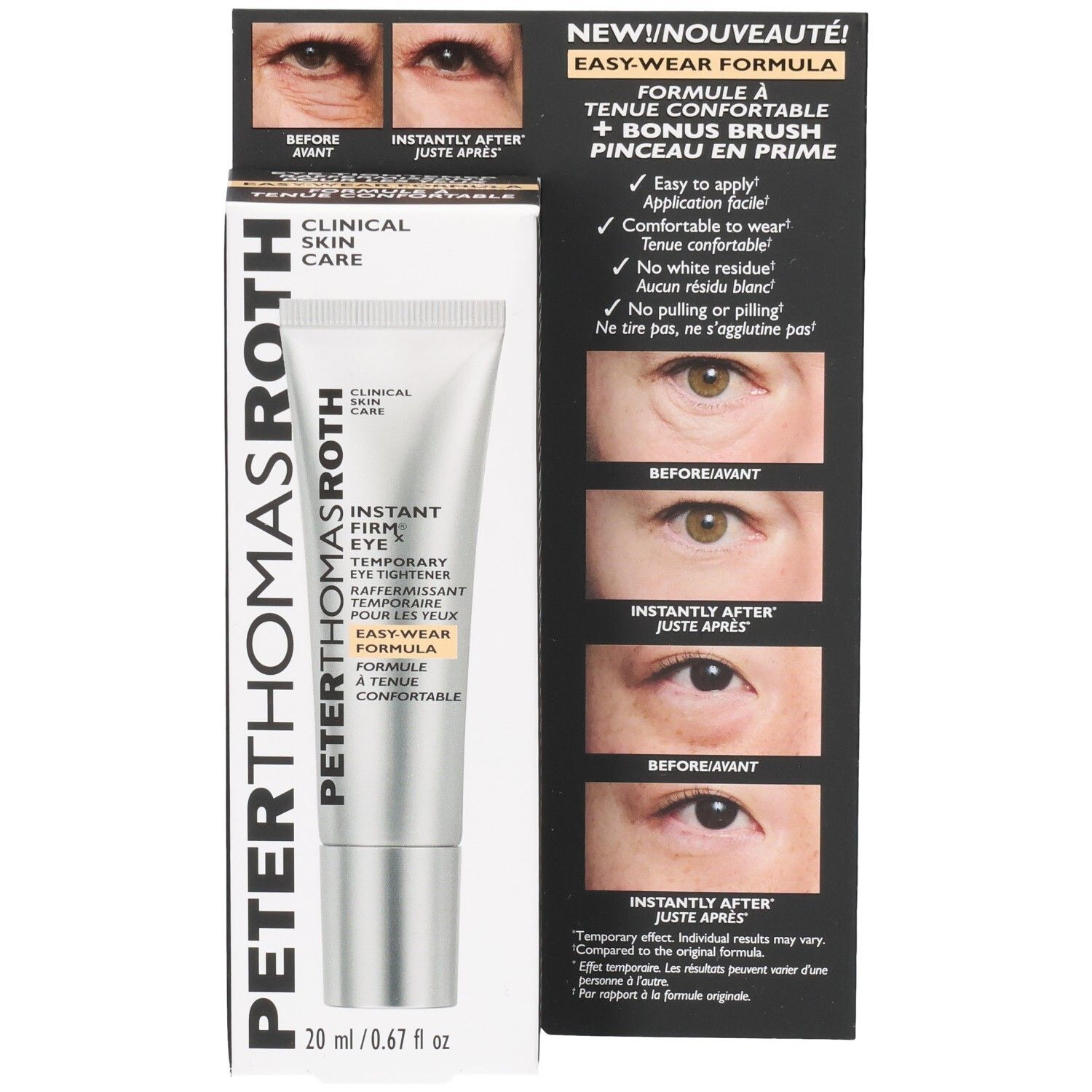 Peter Thomas Roth Instant FIRMx Eye Tiegel und Verpackung. Zeigt Vorher/Nachher-Bilder der Augenpartie.