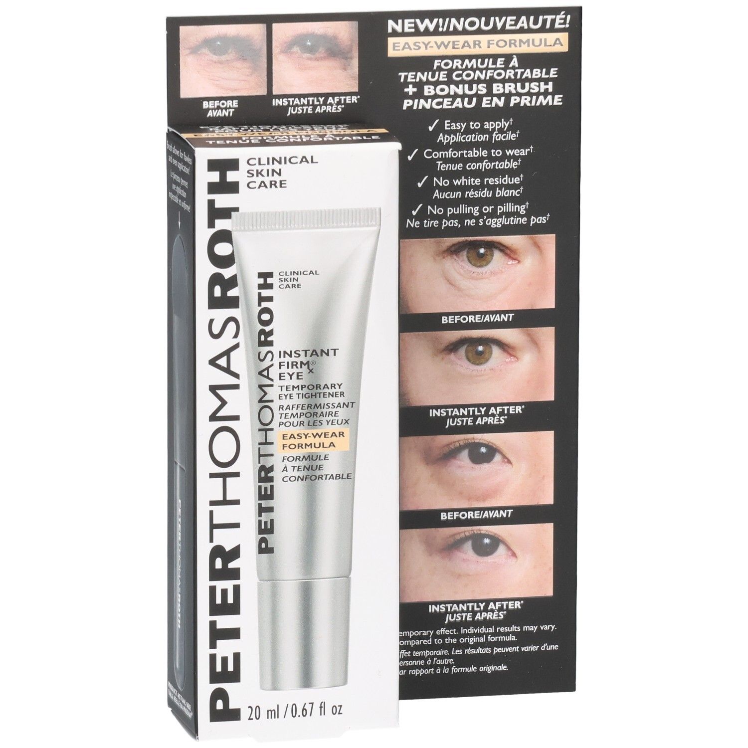 Peter Thomas Roth Instant FIRMx Eye Tiegel und Verpackung. Zeigt Vorher/Nachher-Bilder der Augenpartie.