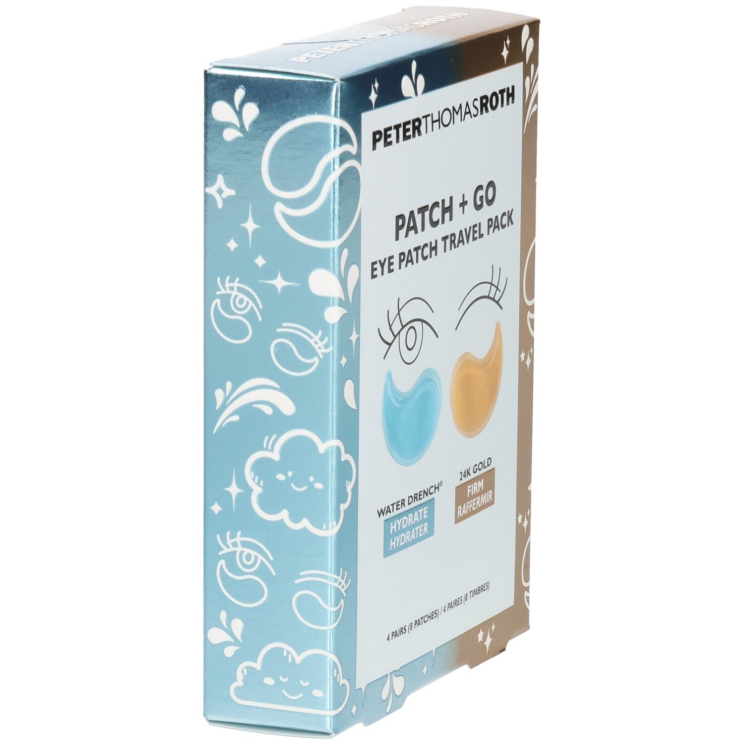 Peter Thomas Roth Patch + Go Eye Patch Travel Pack Verpackung, Vorderseite mit Augen-Illustrationen und zwei Pad-Farben.