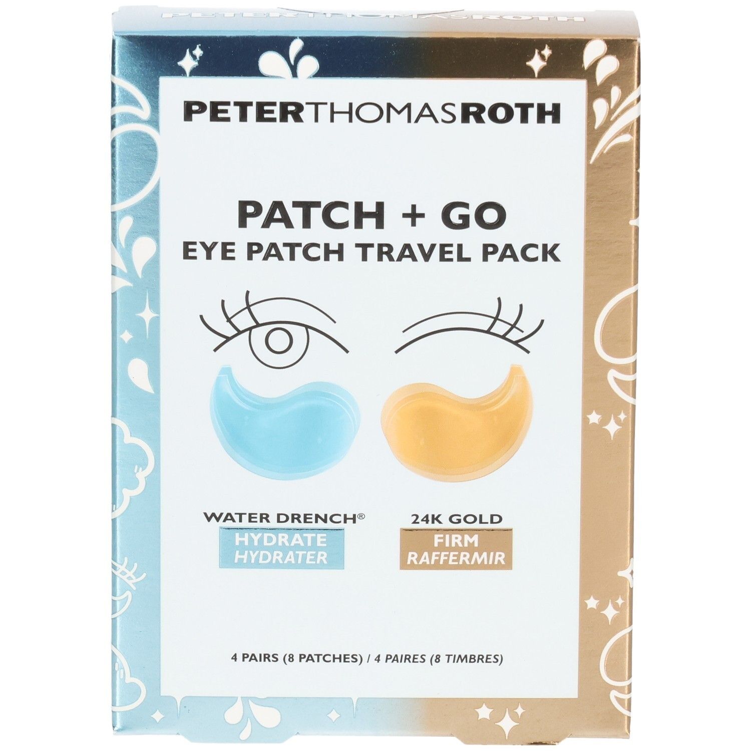 Peter Thomas Roth Patch + Go Eye Patch Travel Pack Verpackung, Vorderseite mit blauen und goldenen Augenpads.